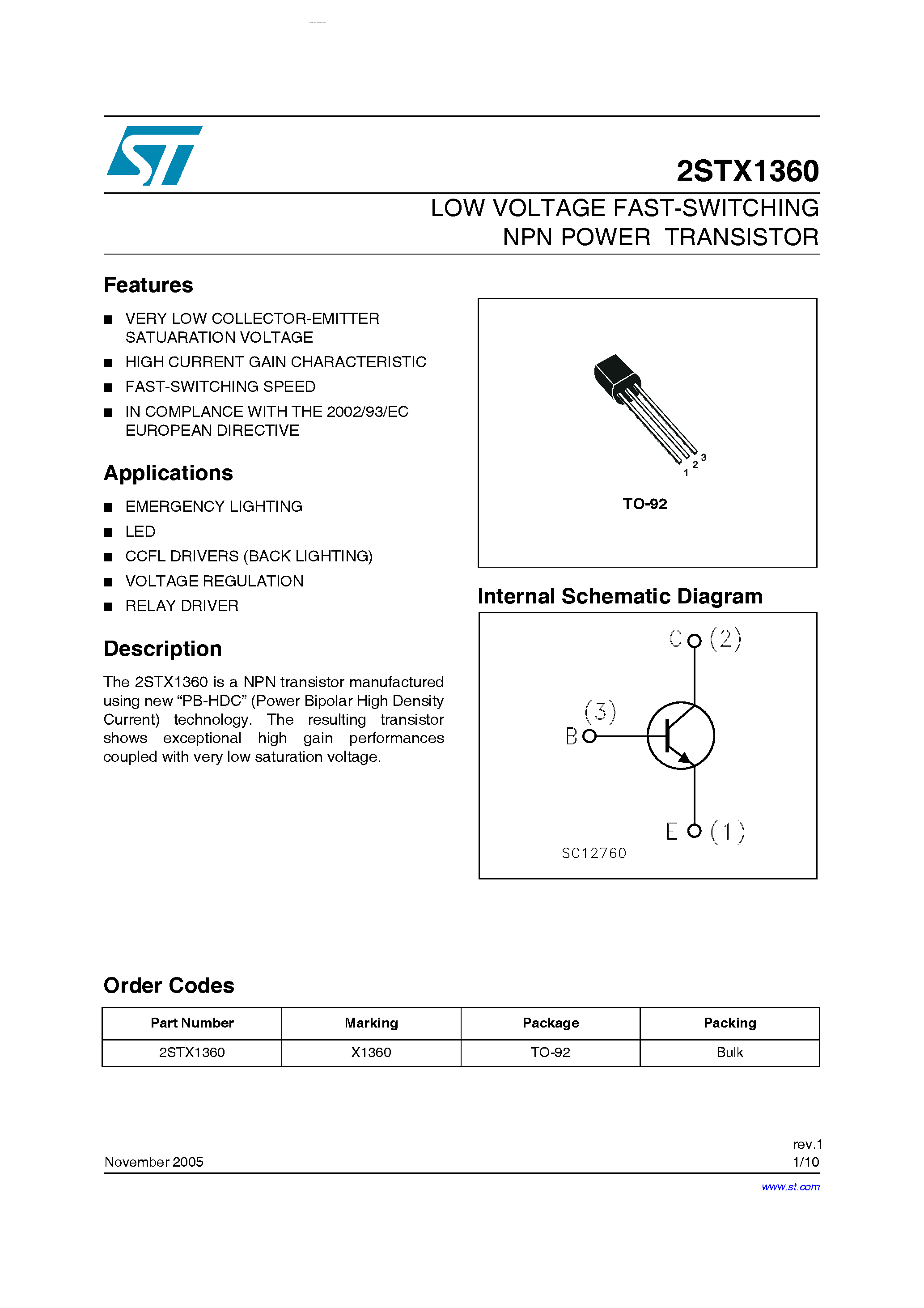 Даташит на микросхему 2STX1360 страница 1 Даташит 2STX1360 - LOW VOLTAGE FAST-SWITCHING NPN POWER TRANSISTOR страница 1