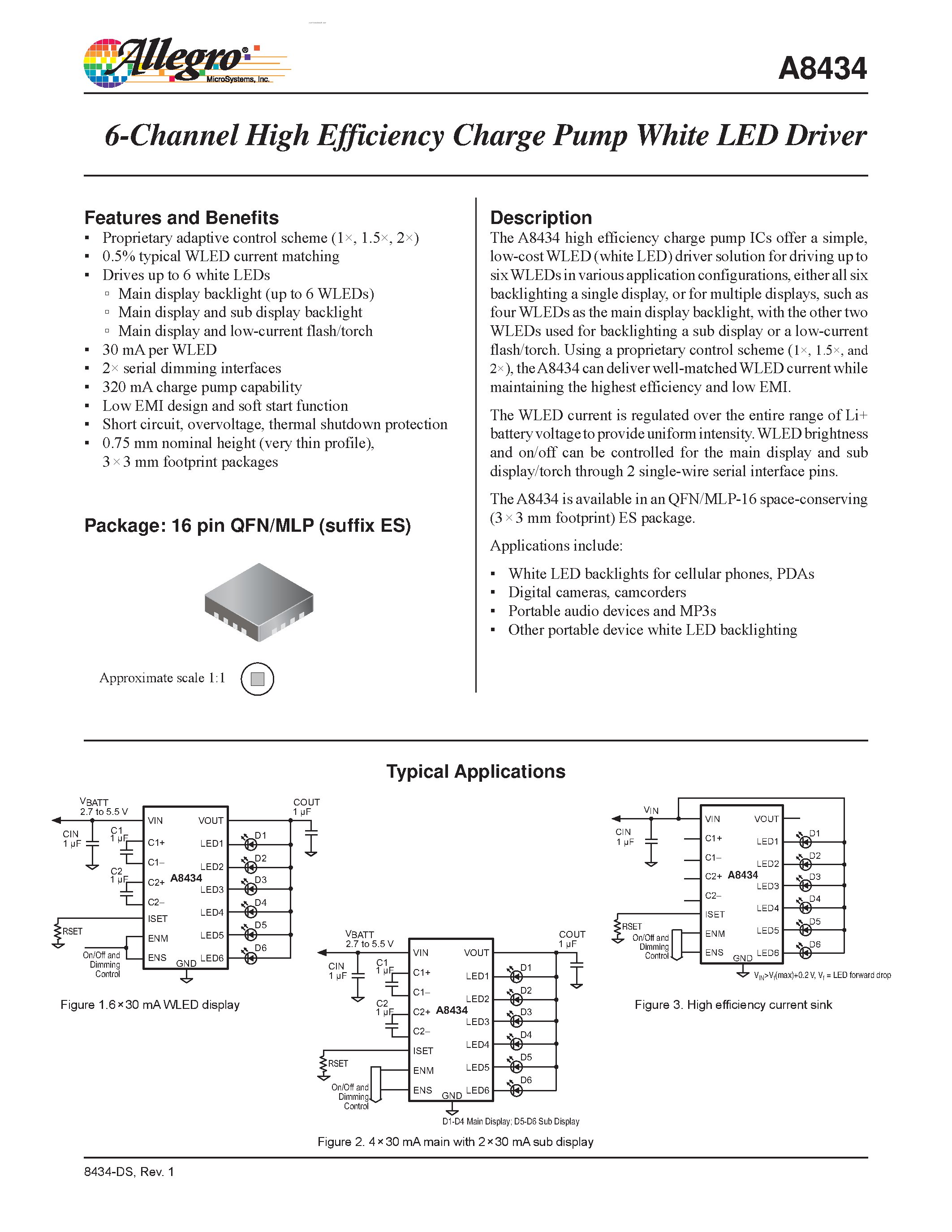Datasheet A8434 page 1 Datasheet A8434 - 6-Channel High Efficiency Charge Pump White LED Driver page 1
