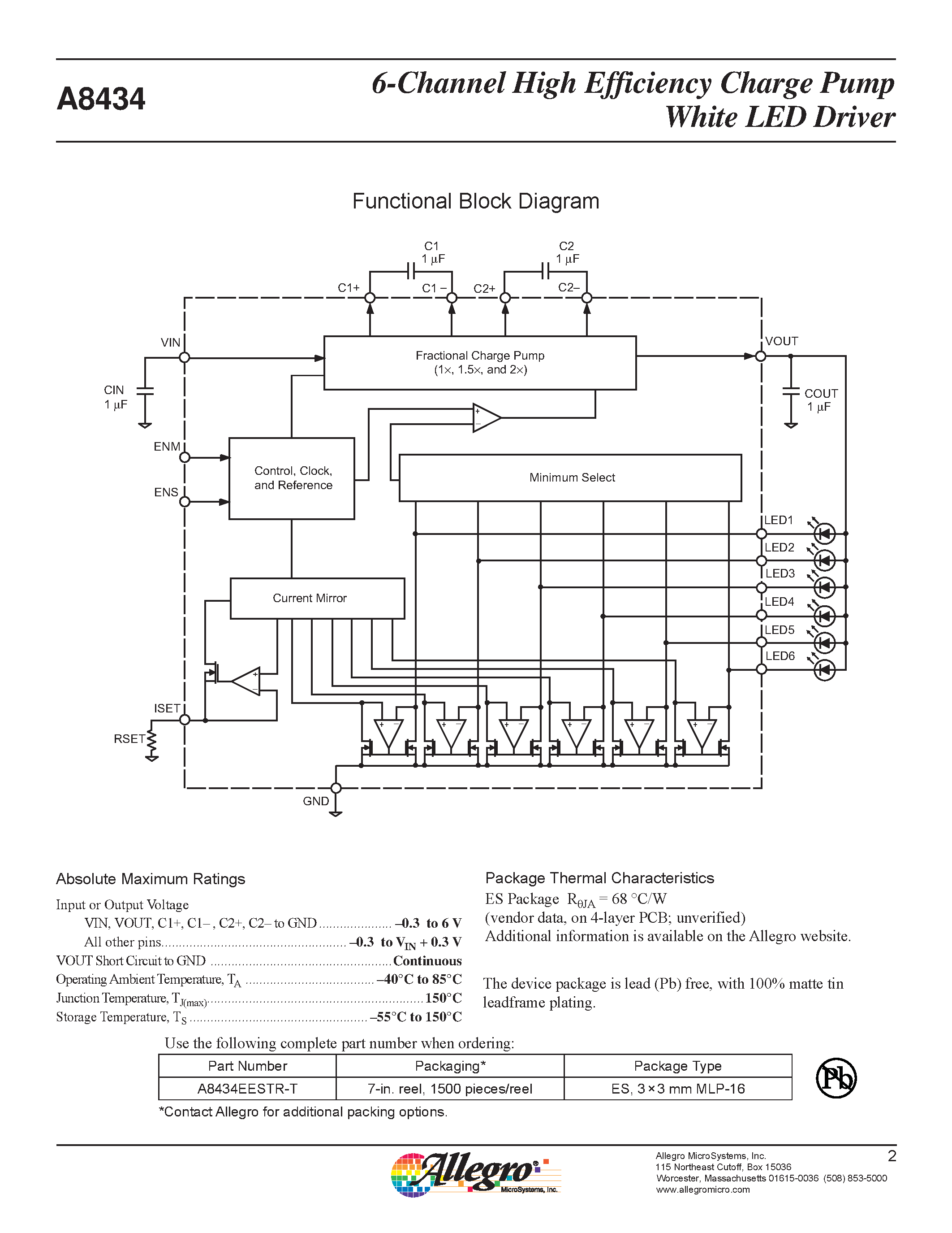 Datasheet A8434 page 2 Datasheet A8434 - 6-Channel High Efficiency Charge Pump White LED Driver page 2