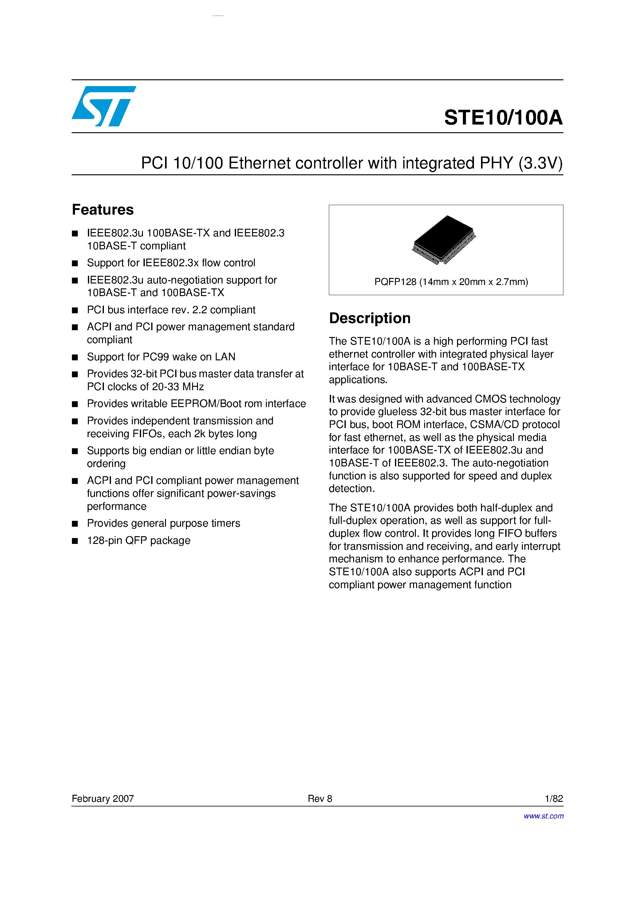 Datasheet STE100A page 1 Datasheet STE100A - PCI 10/100 Ethernet controller page 1