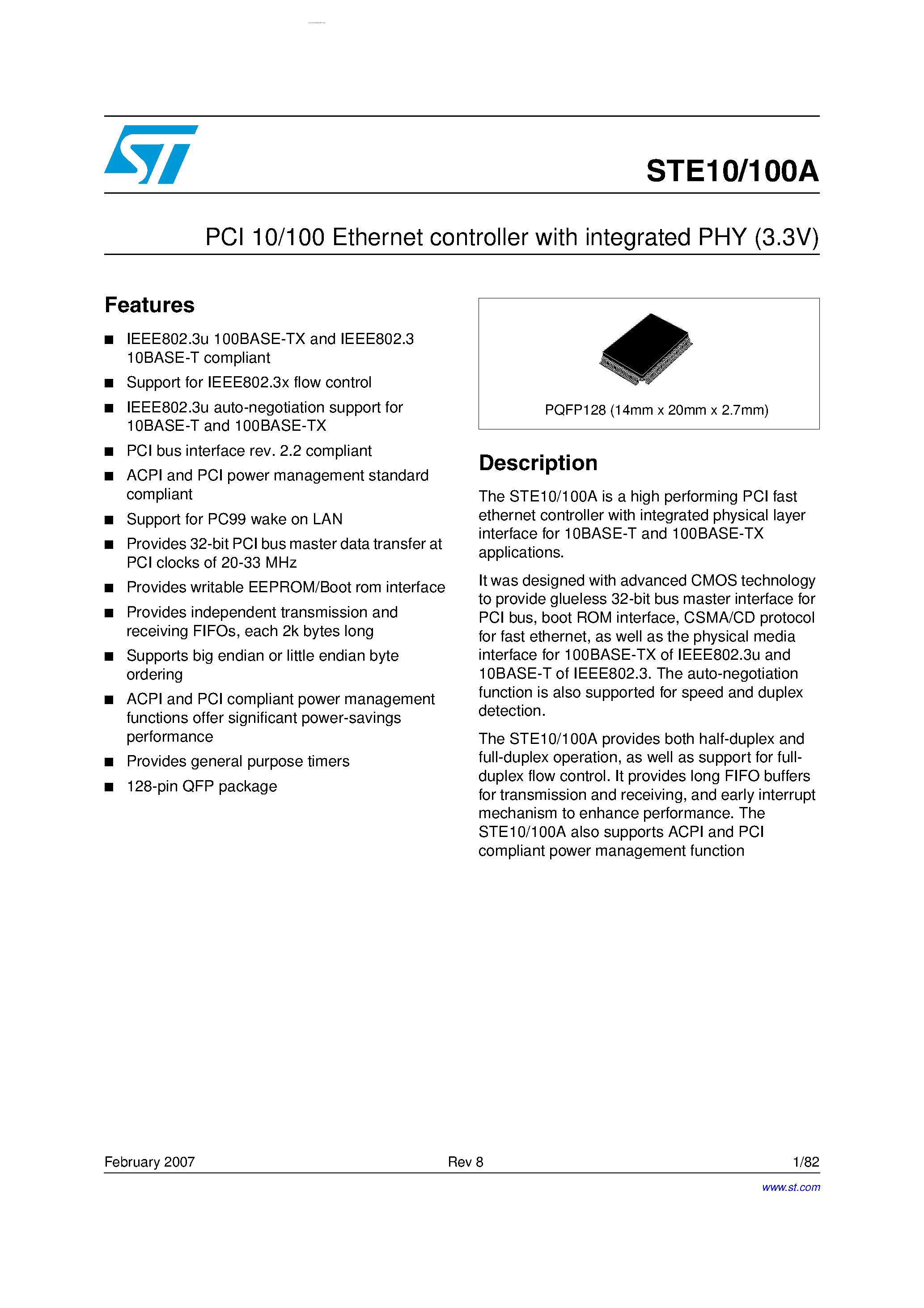 Даташит STE100A - PCI 10/100 Ethernet controller страница 1
