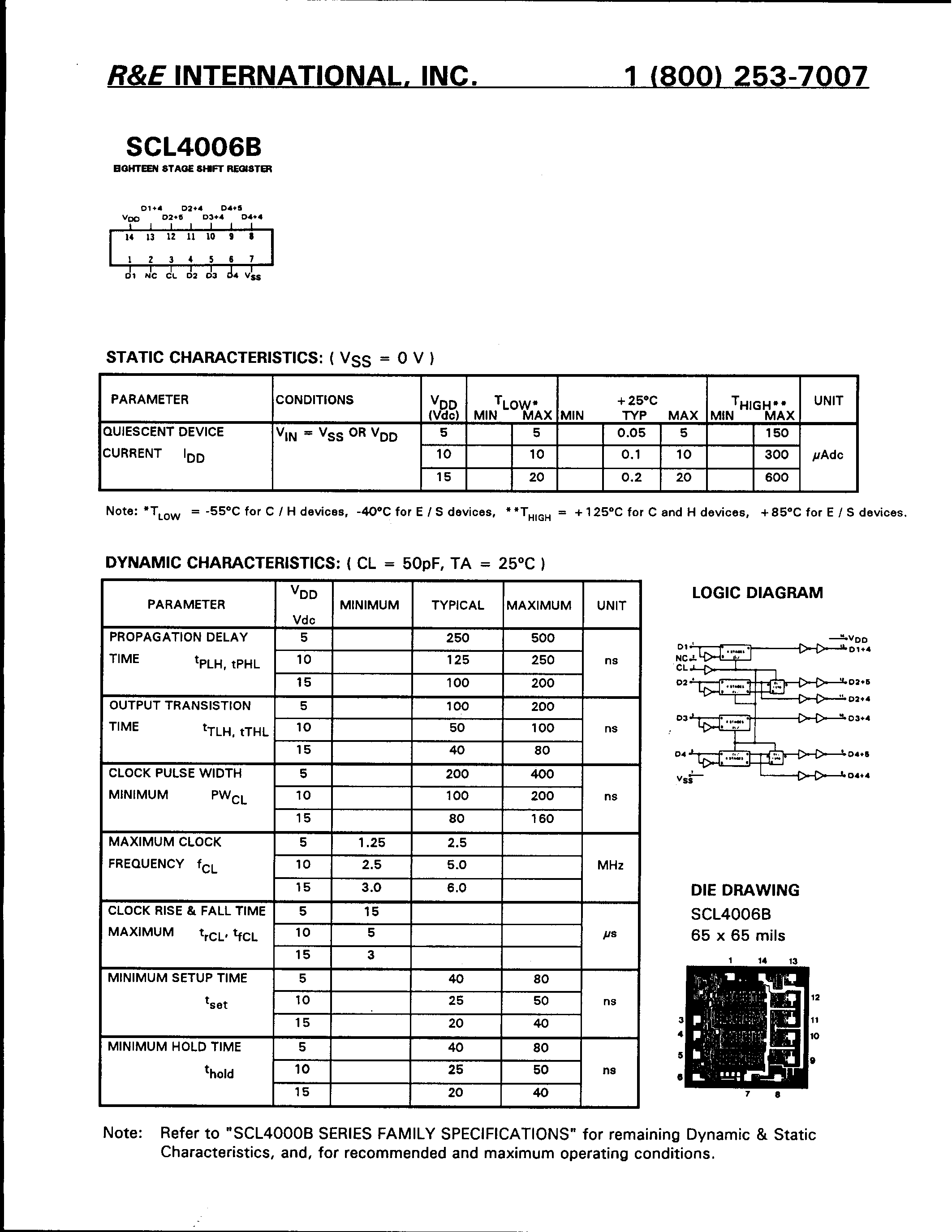 Datasheet SCL4006B - EIGHTEEN STAGE SHIFT REGISTER page 1