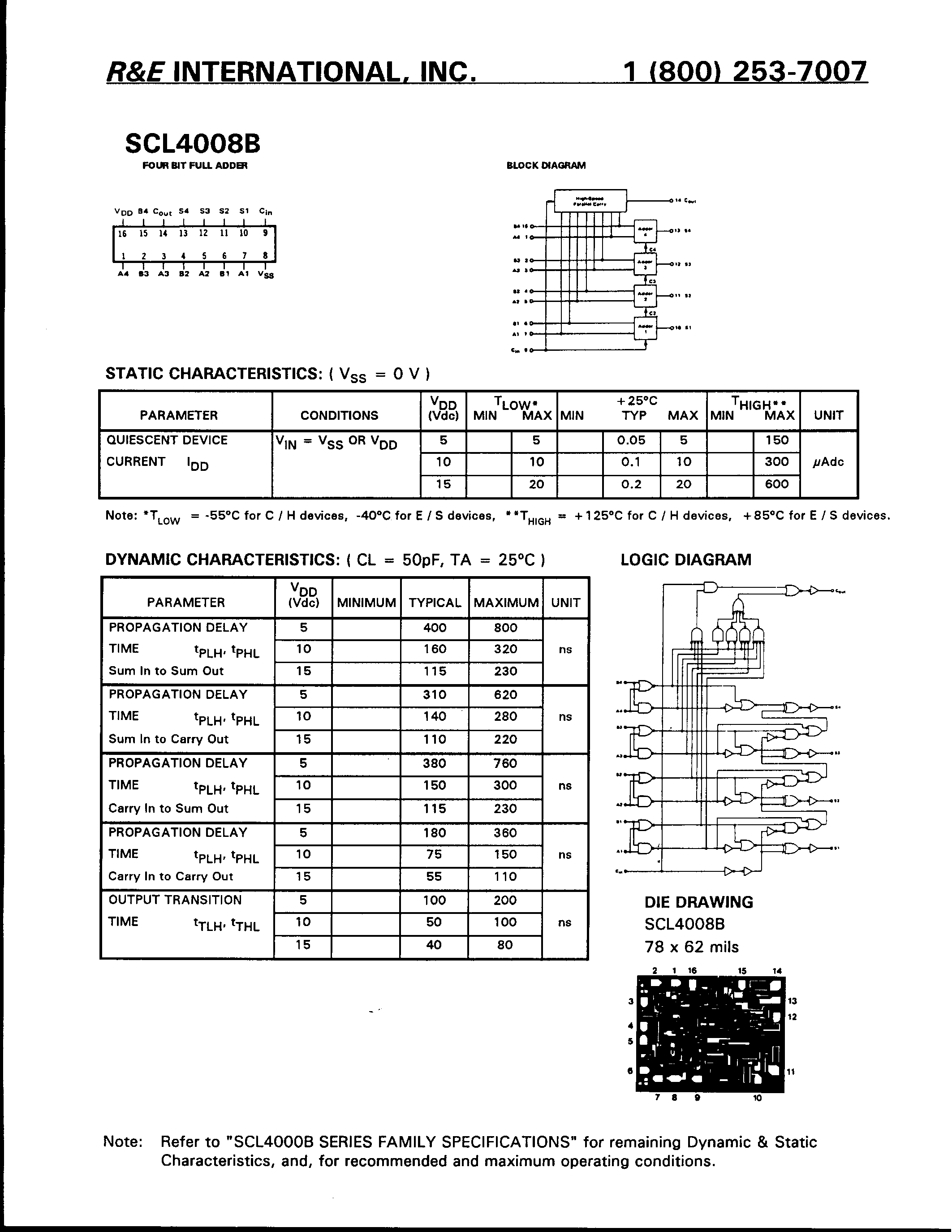 Datasheet SCL4008B - 4-BIT FULL ADDER page 1