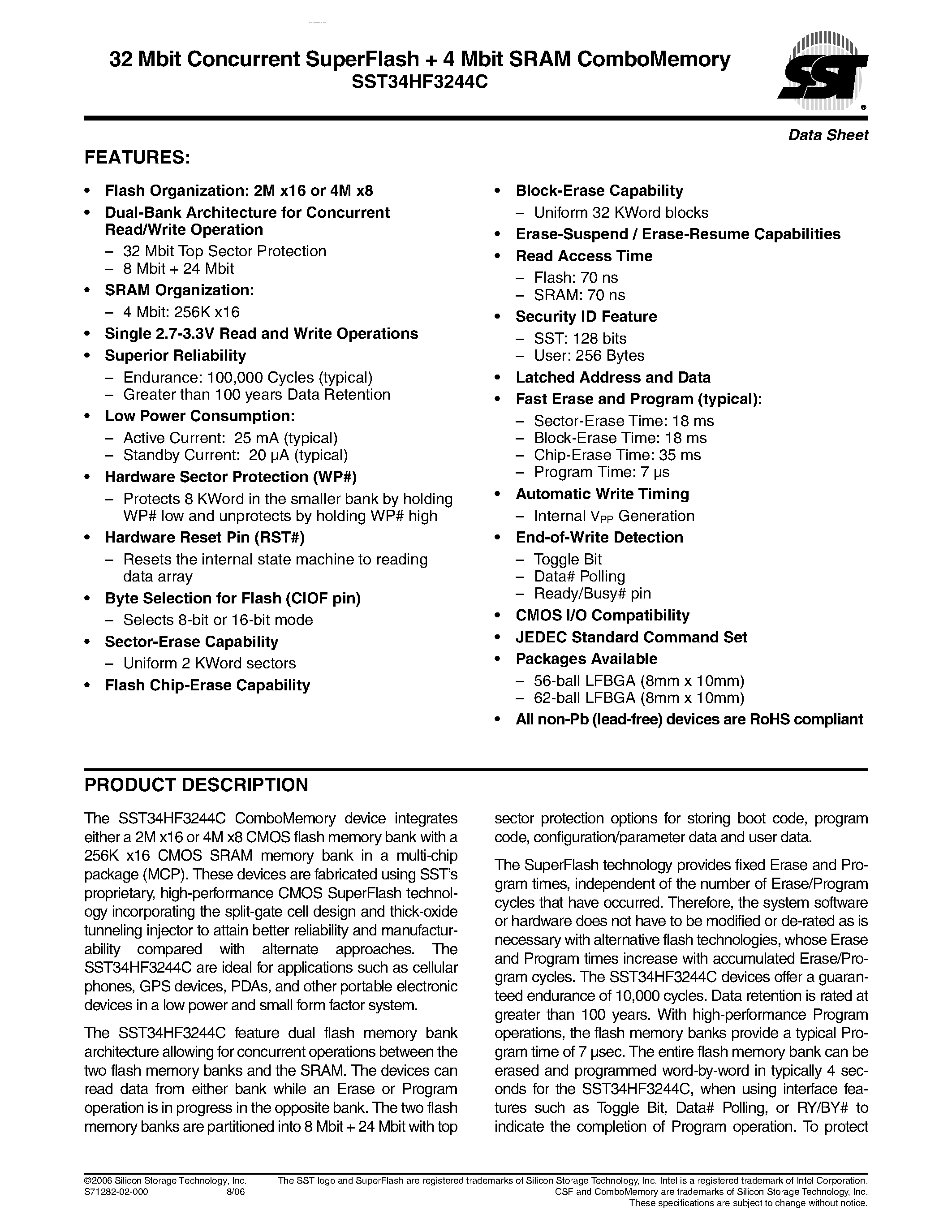 Datasheet SST34HF3244C - 32 Mbit Concurrent SuperFlash + 4 Mbit SRAM ComboMemory page 1