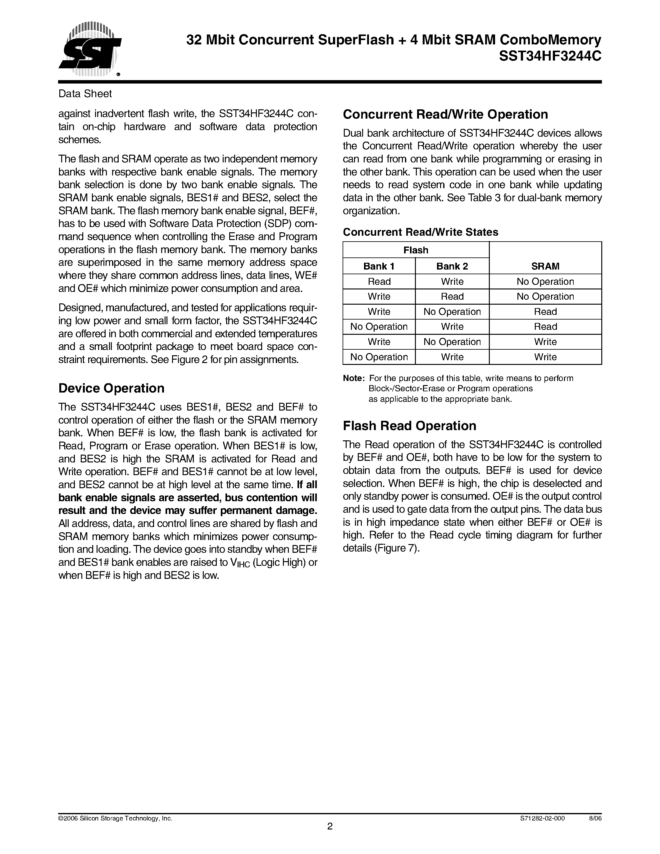 Datasheet SST34HF3244C - 32 Mbit Concurrent SuperFlash + 4 Mbit SRAM ComboMemory page 2