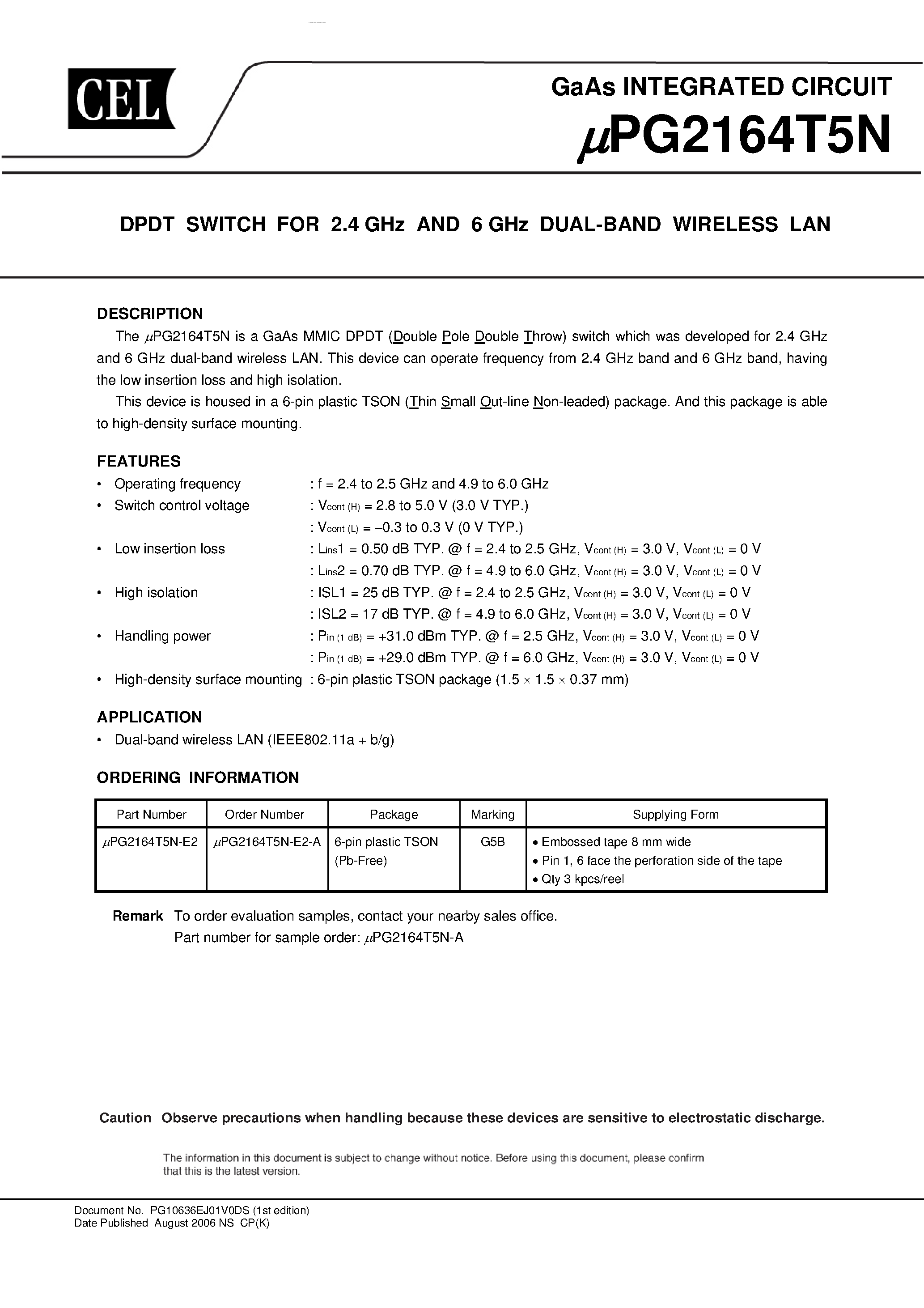 Datasheet UPG2164T5N - DPDT SWITCH page 1