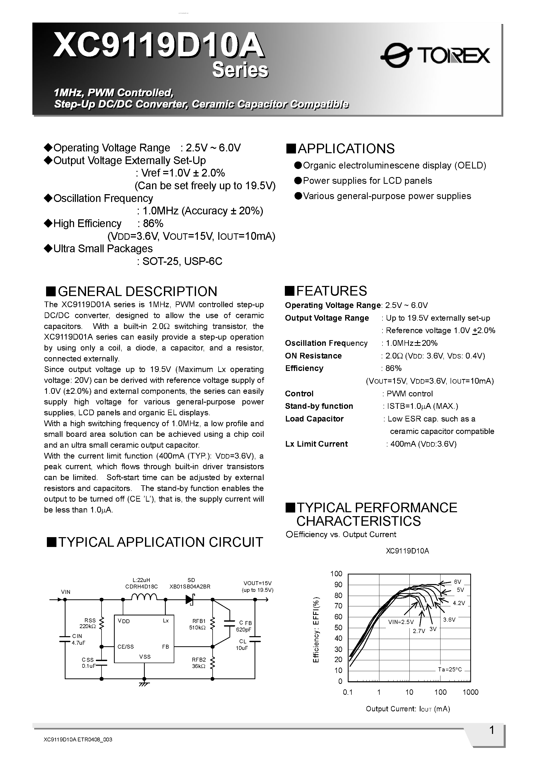 Datasheet XC9119D10A - Step-Up DC/DC Converter / Ceramic Capacitor Compatible page 1