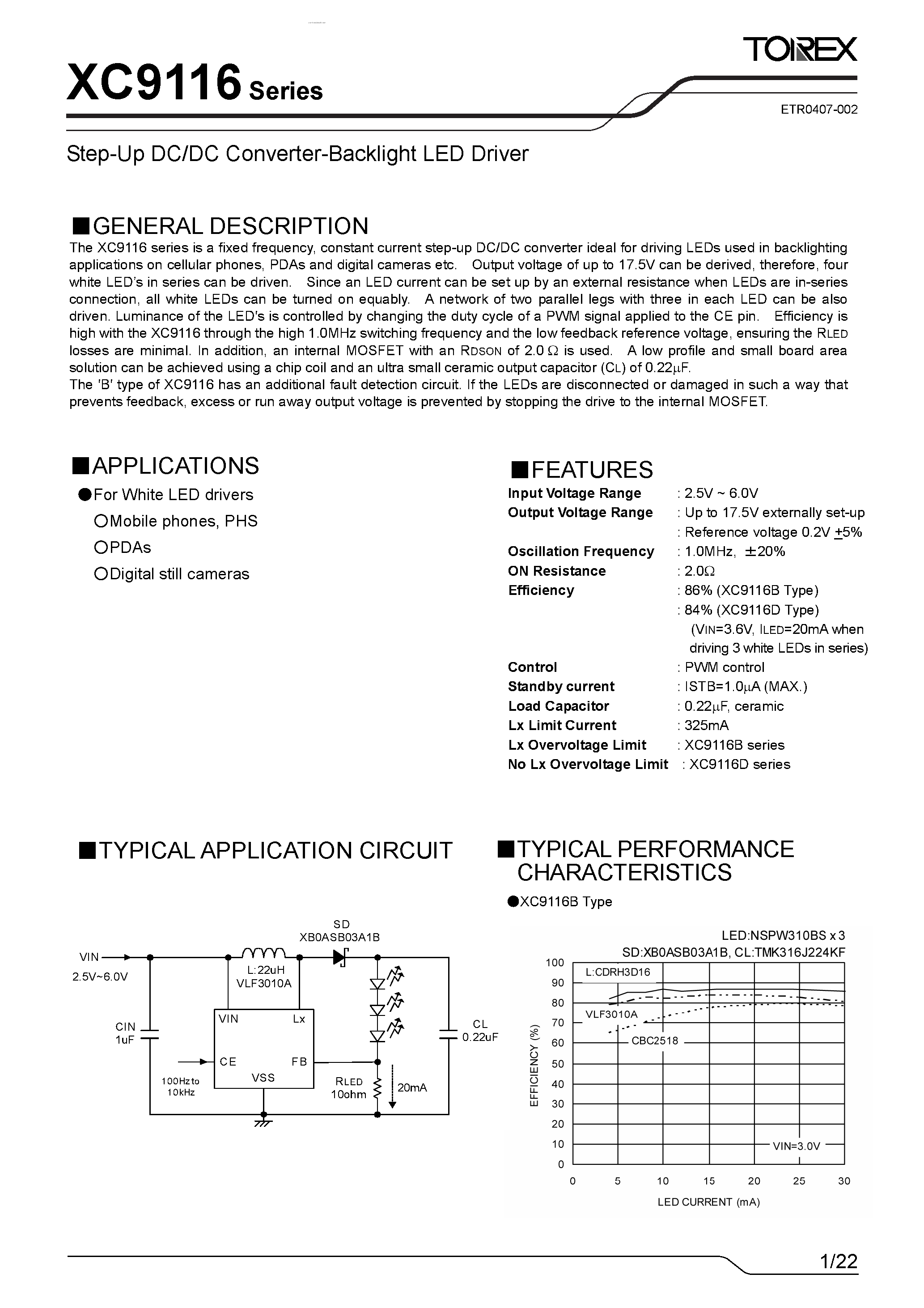 Datasheet XC9116 page 1 Datasheet XC9116 - Step-Up DC/DC Converter-Backlight LED Driver page 1
