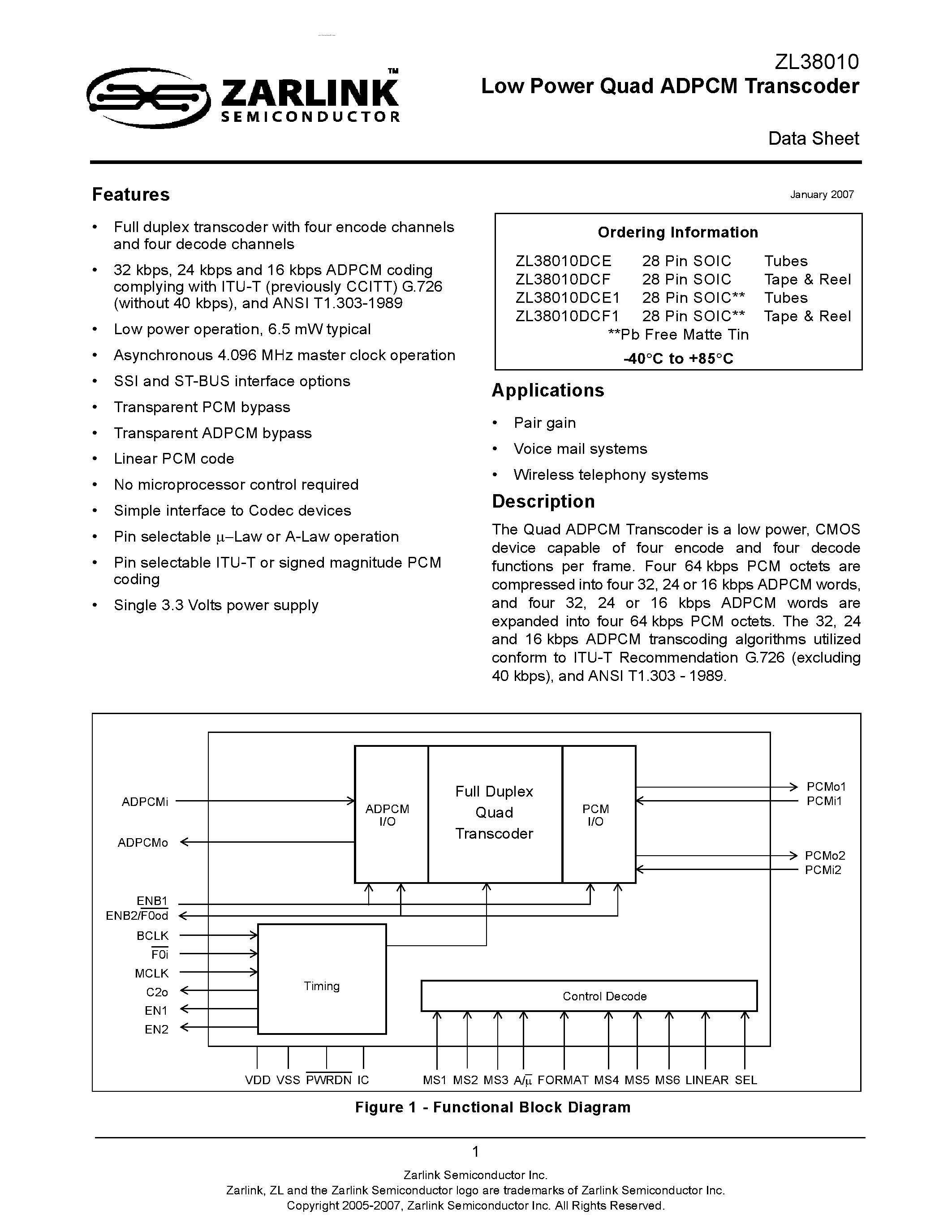 Даташит ZL38010 - Low Power Quad ADPCM Transcoder страница 1