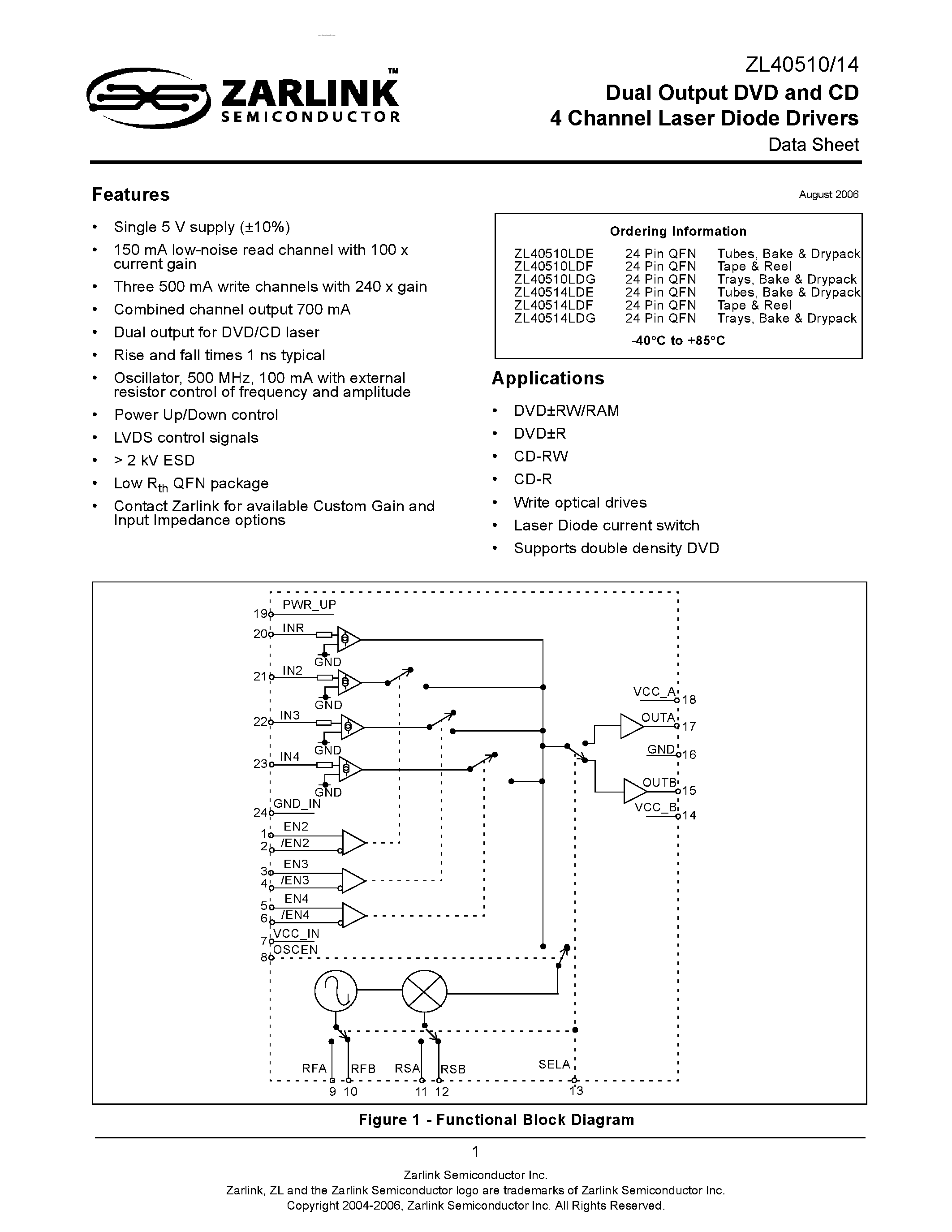 Datasheet ZL40510 - (ZL40510 / ZL40514) Dual Output DVD and CD 4 Channel Laser Diode Drivers page 1