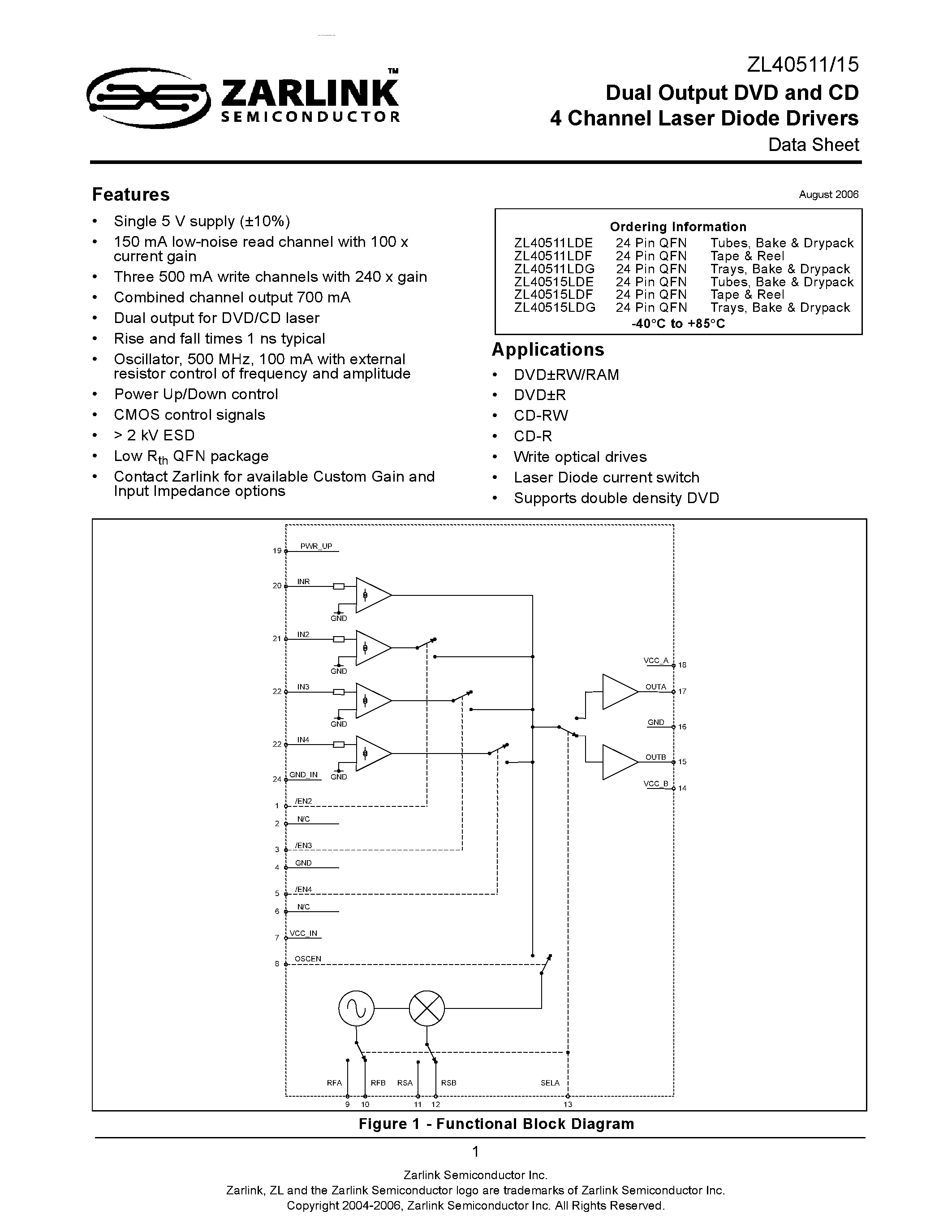 Datasheet ZL40511 - (ZL40511 / ZL40515) Dual Output DVD and CD 4 Channel Laser Diode Drivers page 1