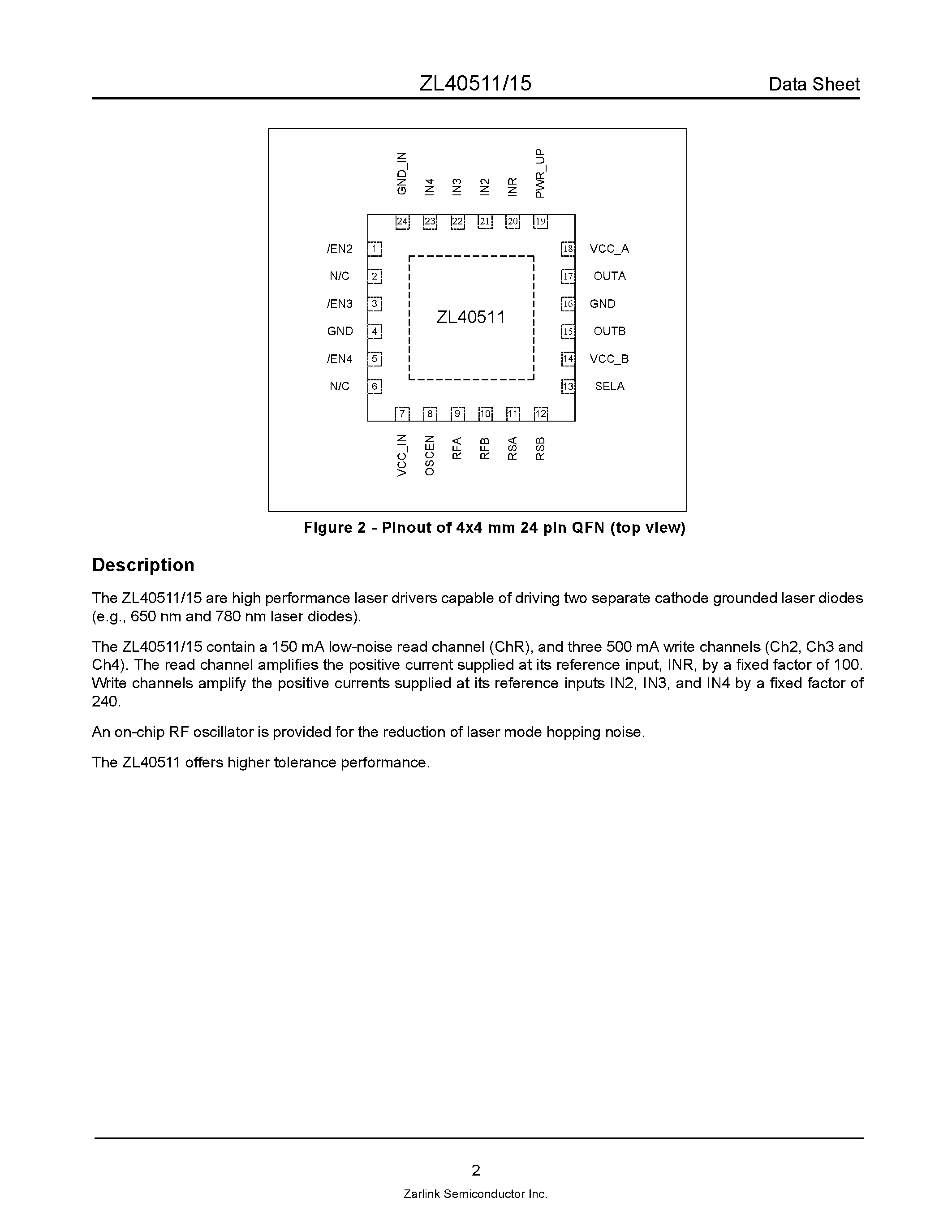 Datasheet ZL40511 - (ZL40511 / ZL40515) Dual Output DVD and CD 4 Channel Laser Diode Drivers page 2