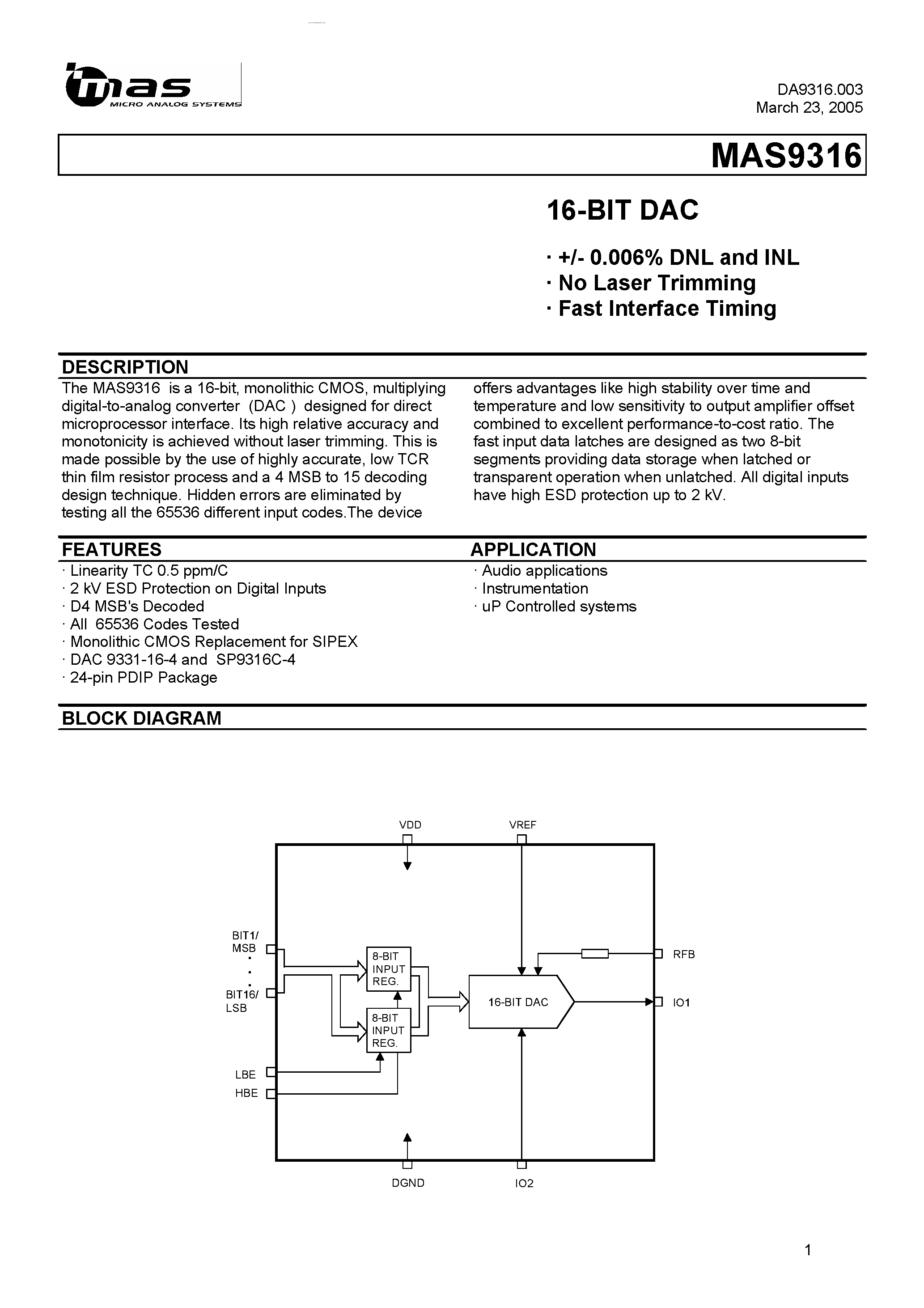 Datasheet MAS9316 - 16-BIT DAC page 1