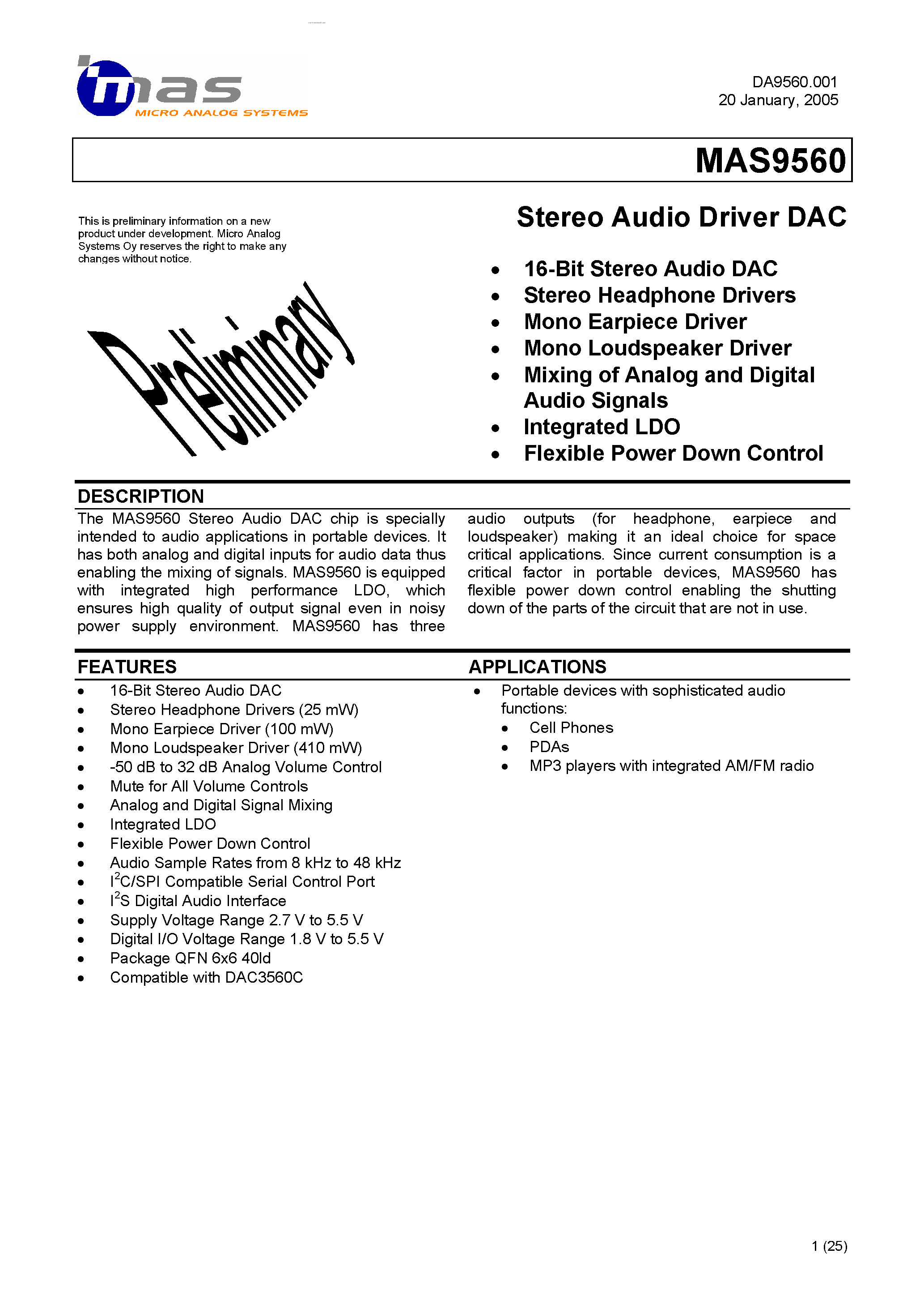 Datasheet MAS9560 - Stereo Audio Driver DAC page 1