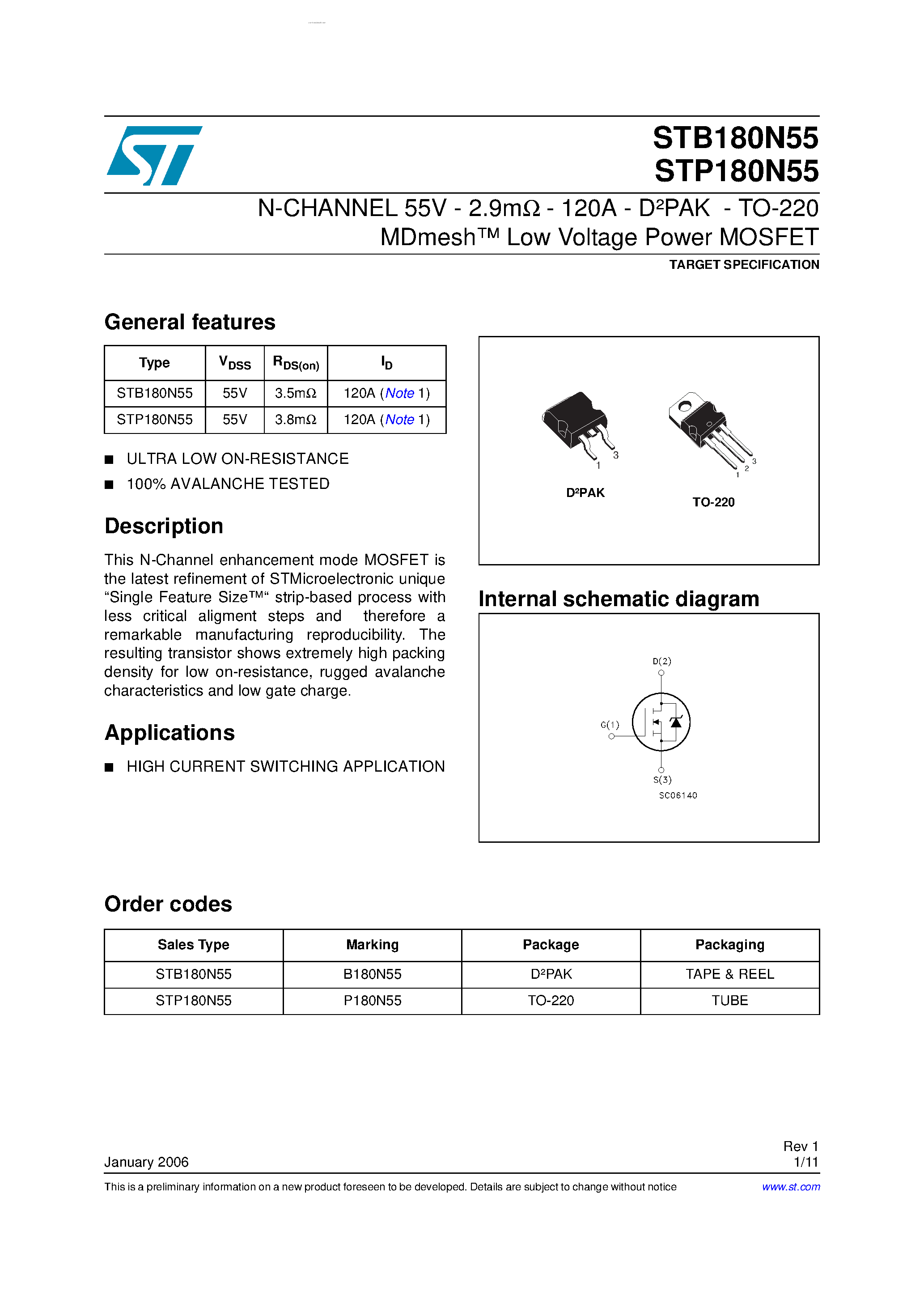 Datasheet STP180N55 - N-CHANNEL Power MOSFET page 1