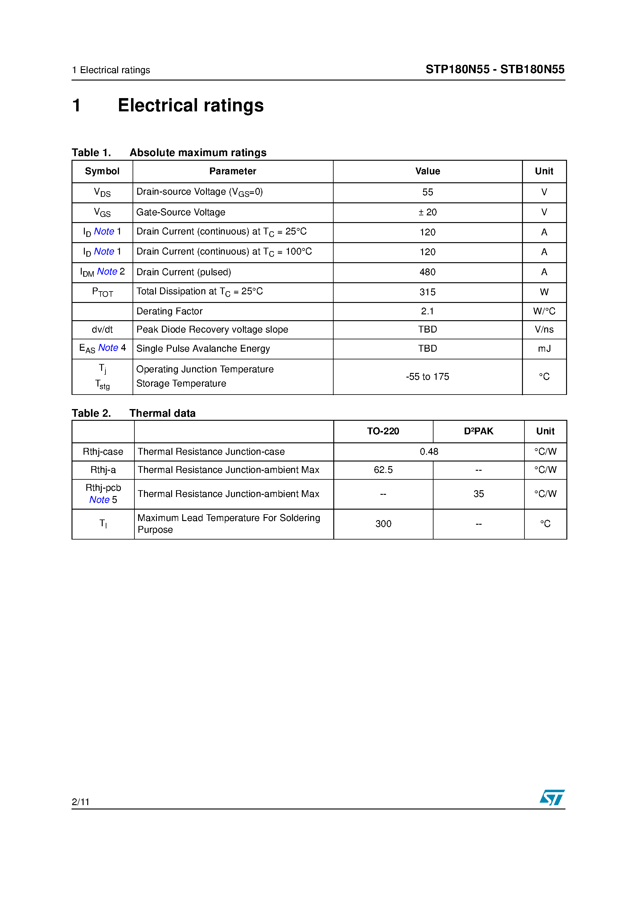 Datasheet STP180N55 - N-CHANNEL Power MOSFET page 2