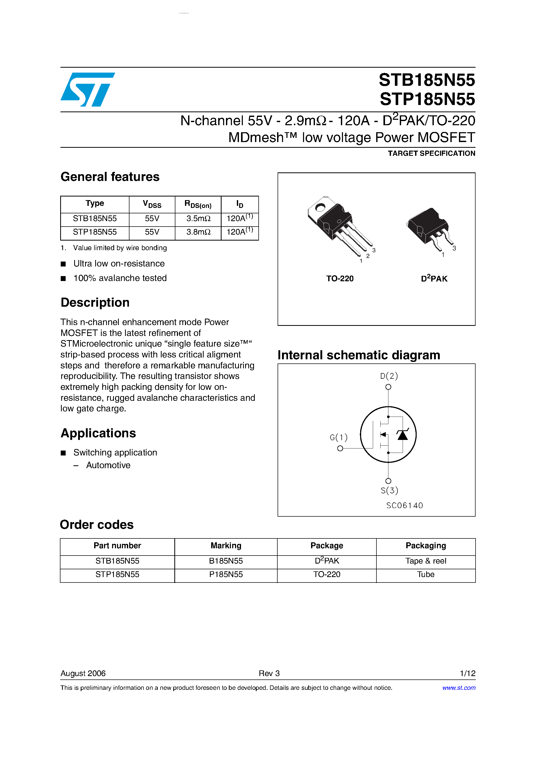 Datasheet STB185N55 - N-CHANNEL Power MOSFET page 1