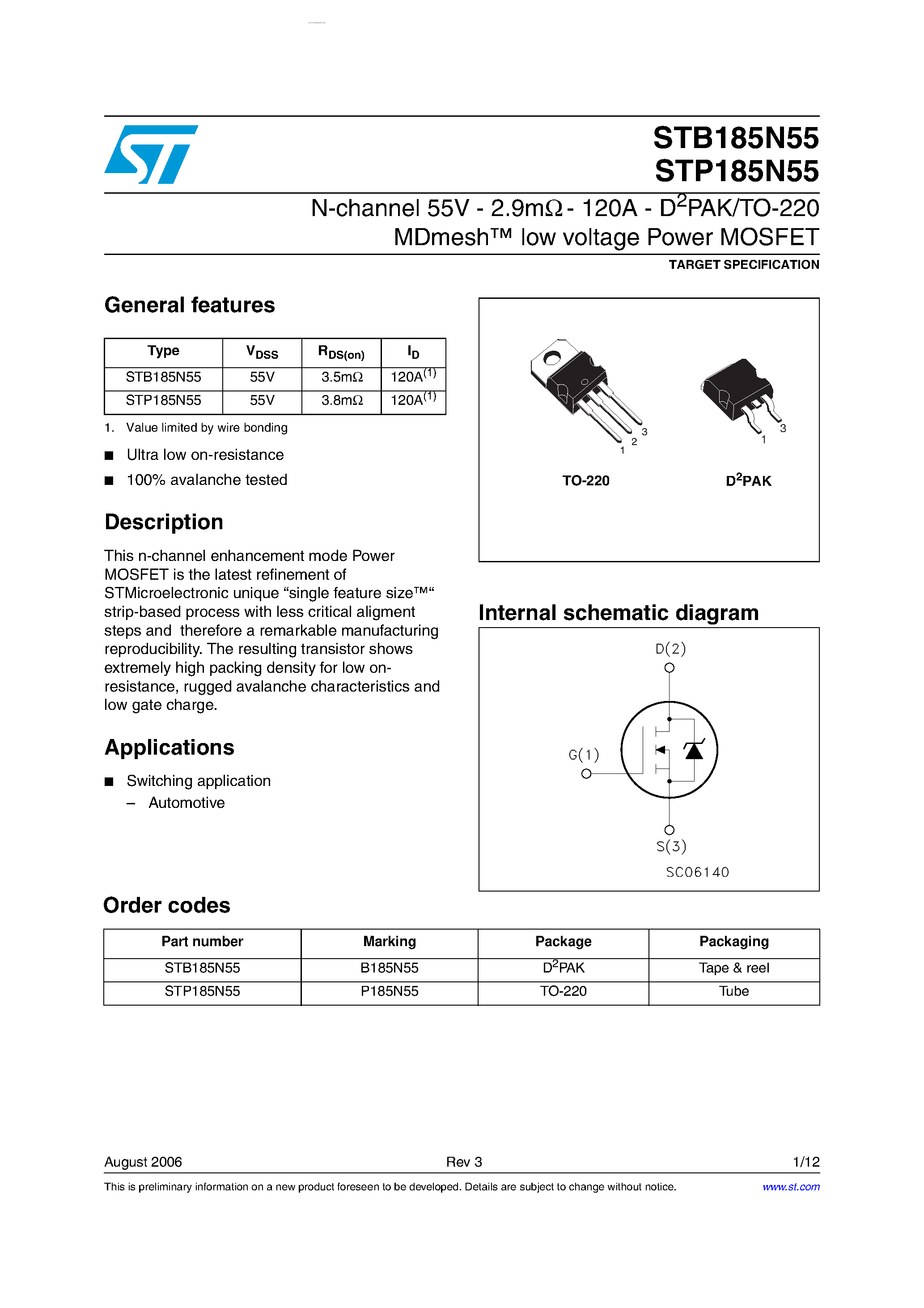 Datasheet STP185N55 - N-CHANNEL Power MOSFET page 1