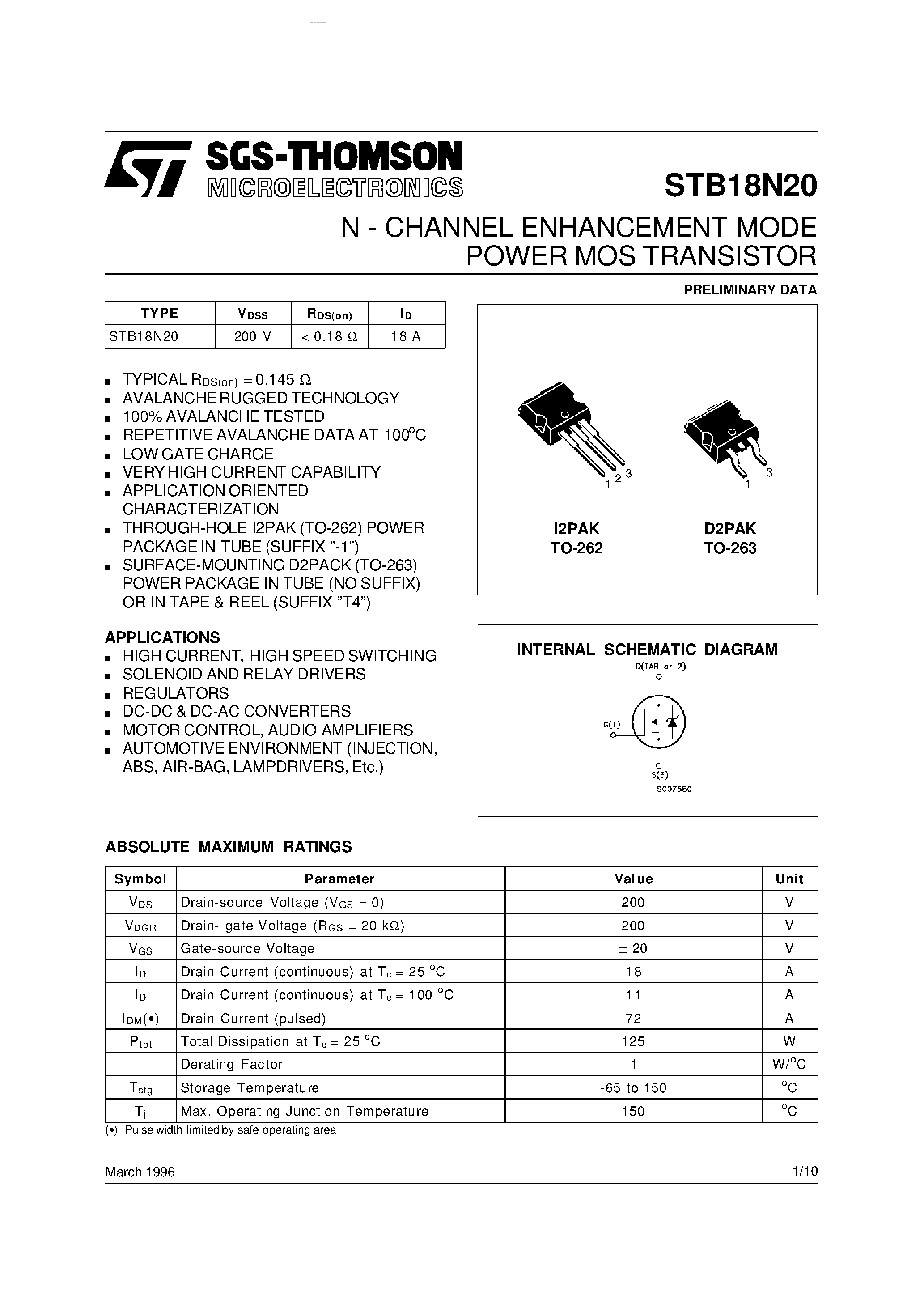 Datasheet STB18N20 - N-CHANNEL Power MOSFET page 1