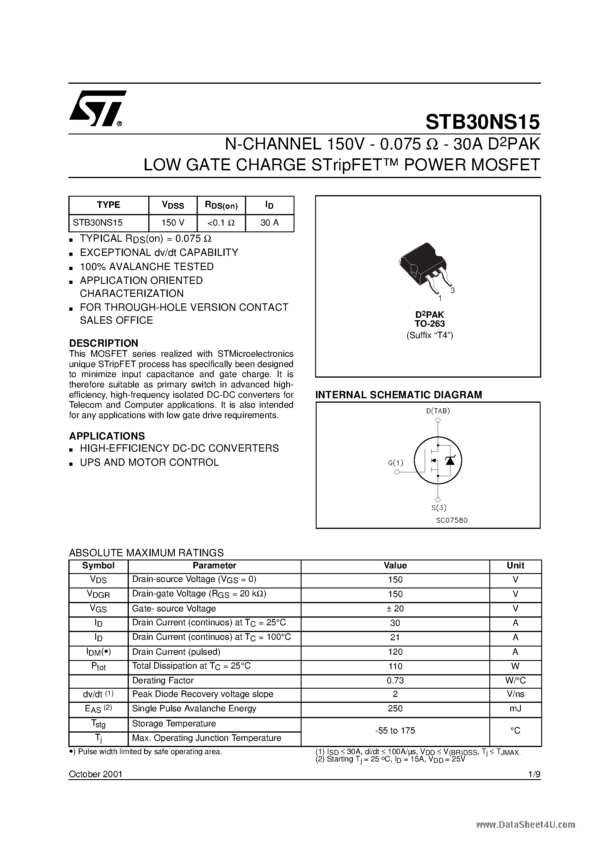 Datasheet STB30NS15 - N-CHANNEL Power MOSFET page 1