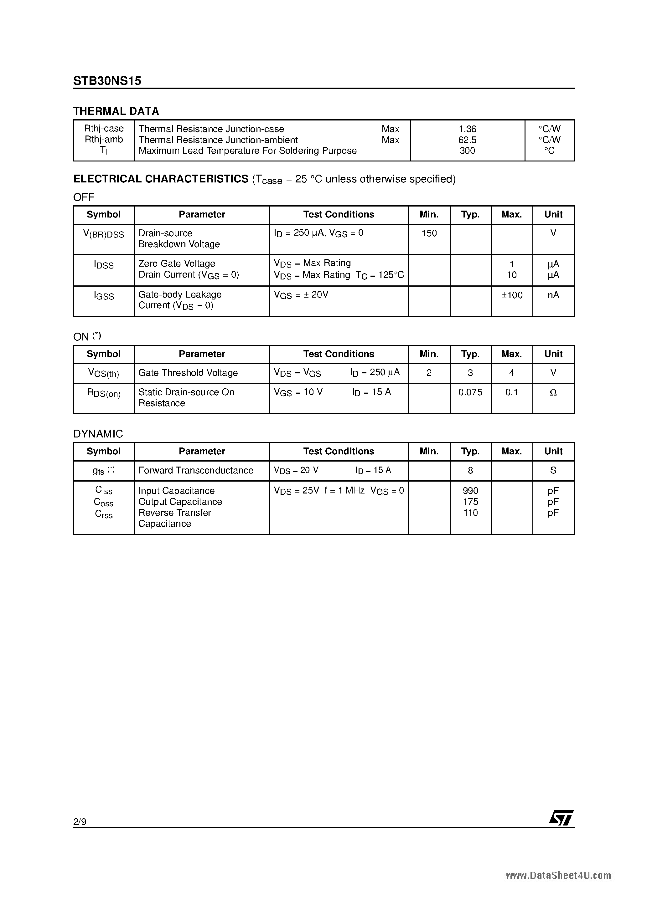 Datasheet STB30NS15 - N-CHANNEL Power MOSFET page 2