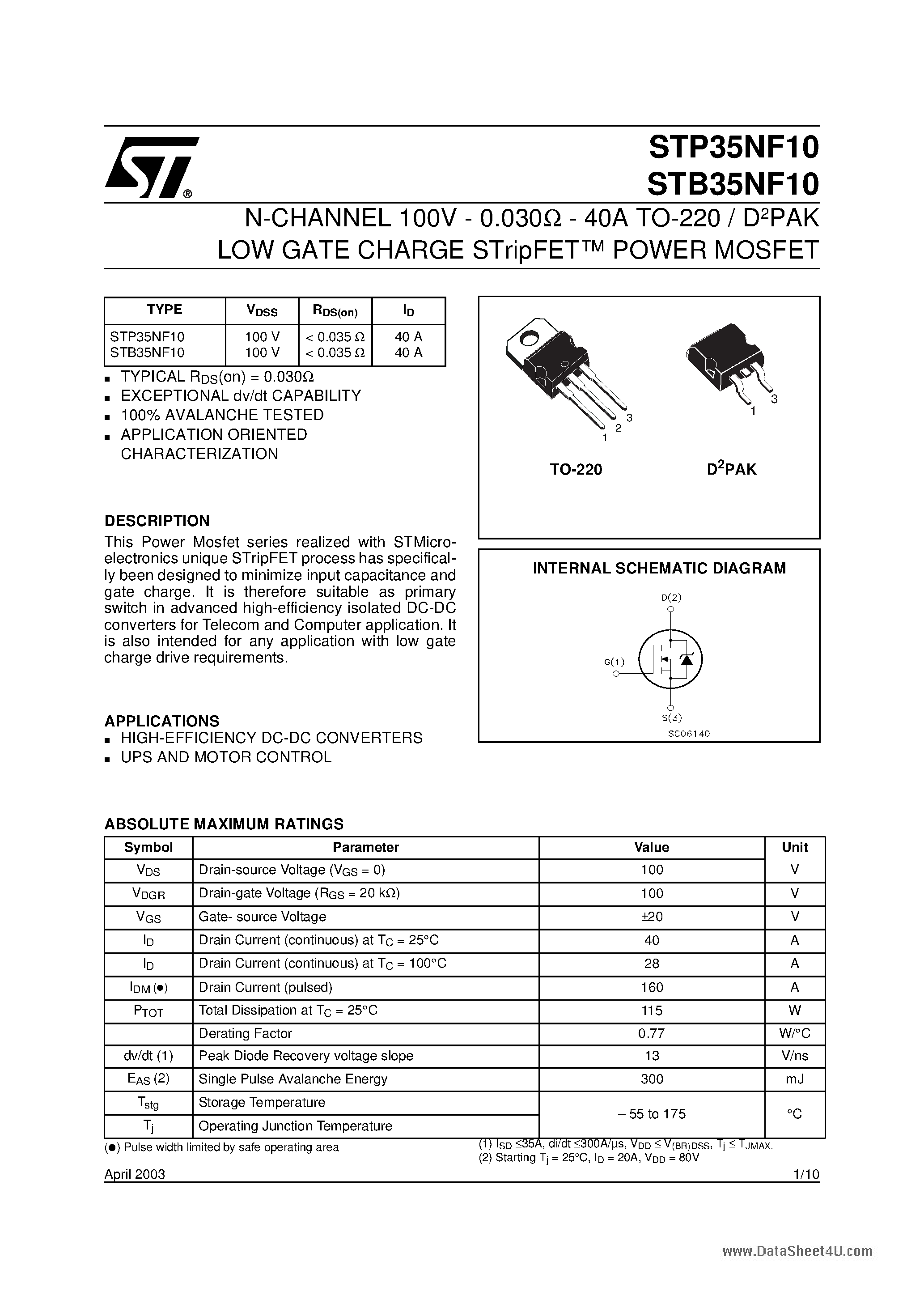 Datasheet STB35NF10 - N-CHANNEL Power MOSFET page 1