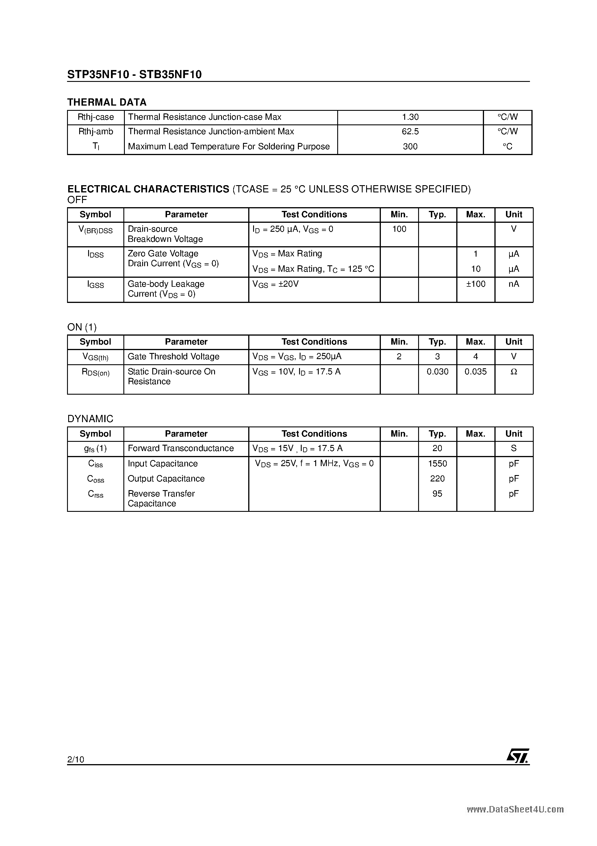 Datasheet STP35NF10 - N-CHANNEL Power MOSFET page 2
