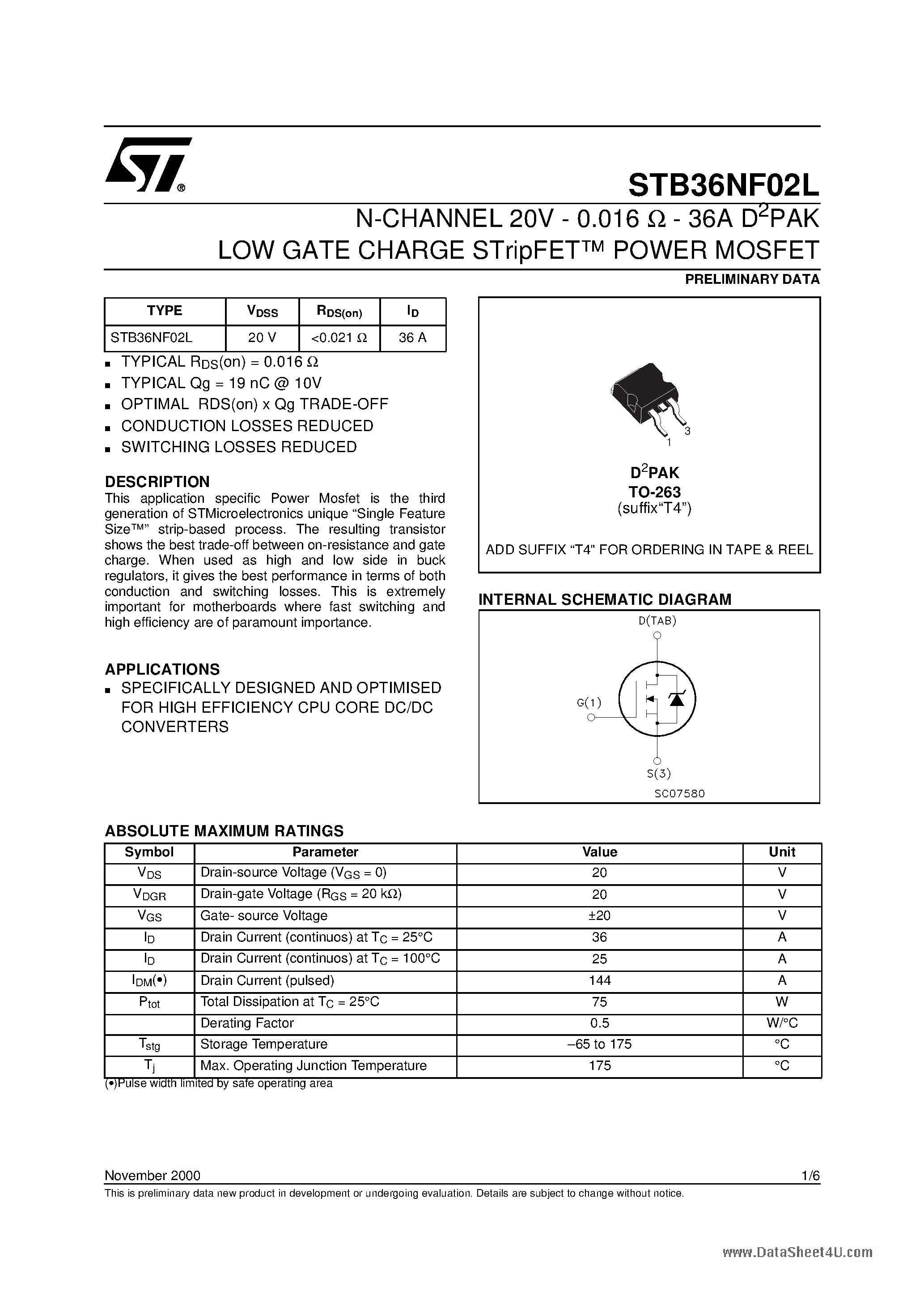 Datasheet STB36NF02L - N-CHANNEL Power MOSFET page 1