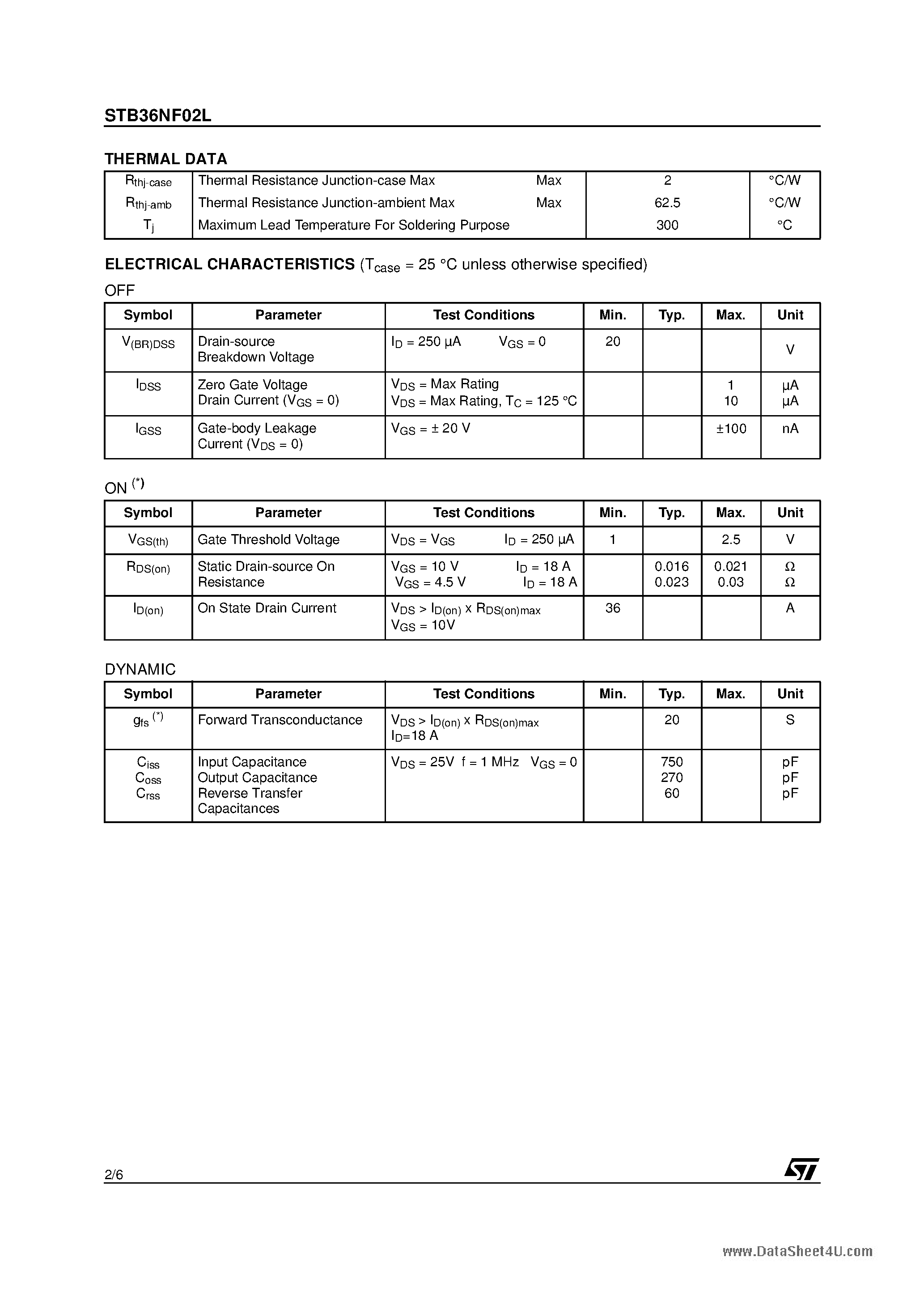 Datasheet STB36NF02L - N-CHANNEL Power MOSFET page 2