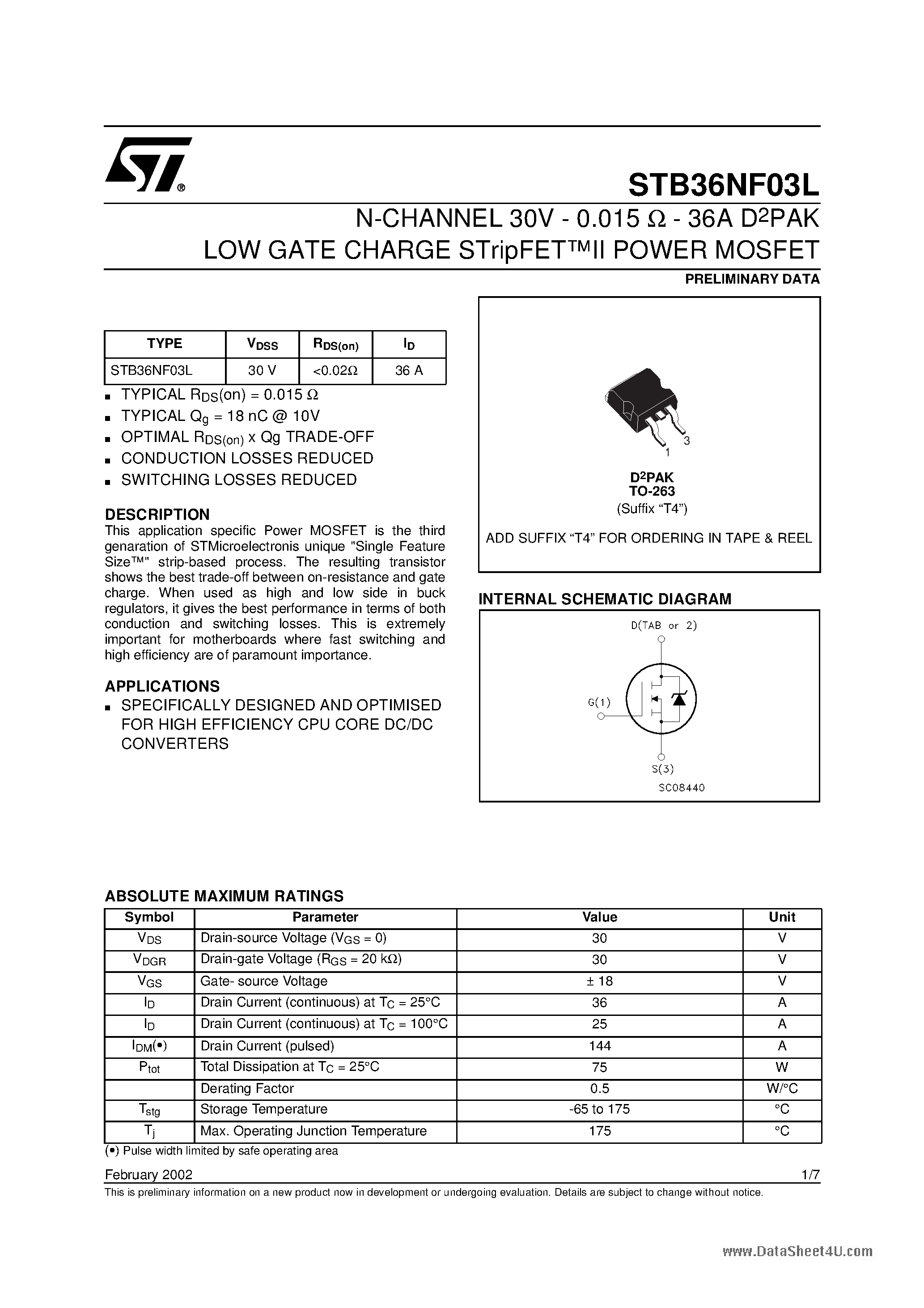Datasheet STB36NF03L - N-CHANNEL Power MOSFET page 1