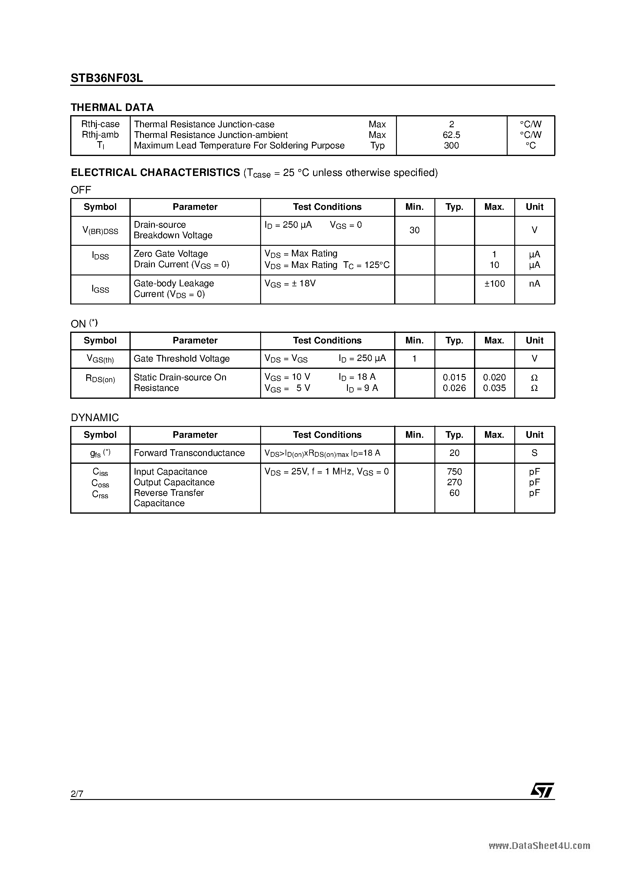 Datasheet STB36NF03L - N-CHANNEL Power MOSFET page 2