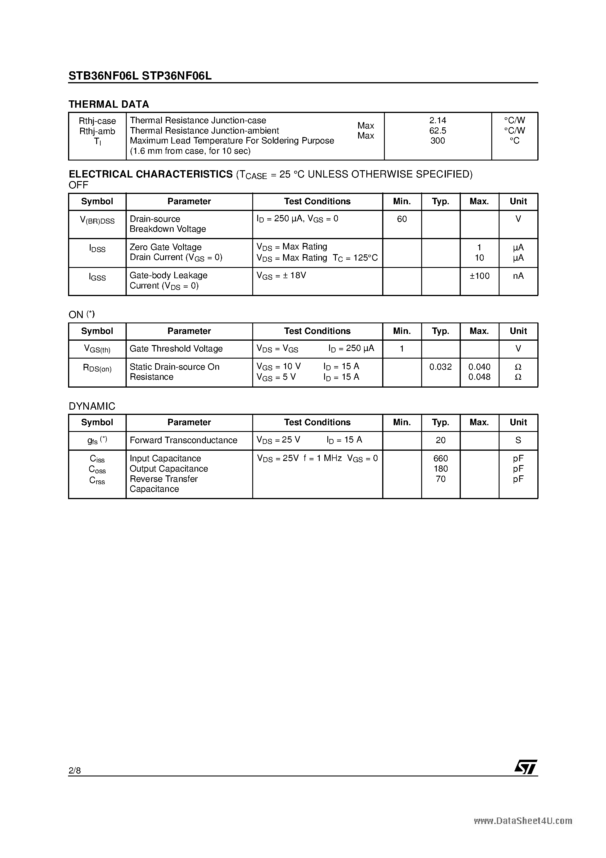 Datasheet STB36NF06L - N-CHANNEL Power MOSFET page 2