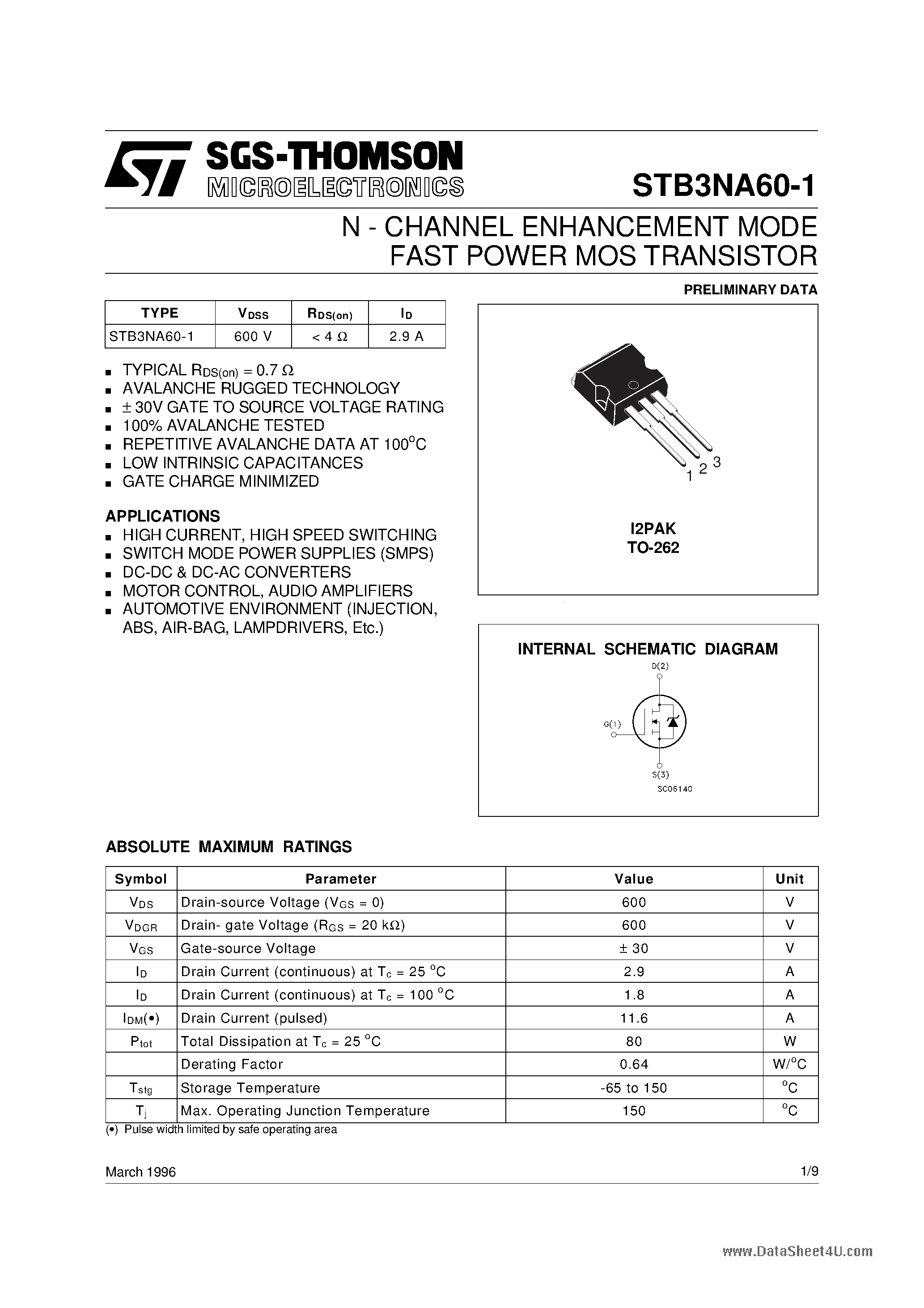 Datasheet STB3NA60-1 - N-CHANNEL Power MOSFET page 1
