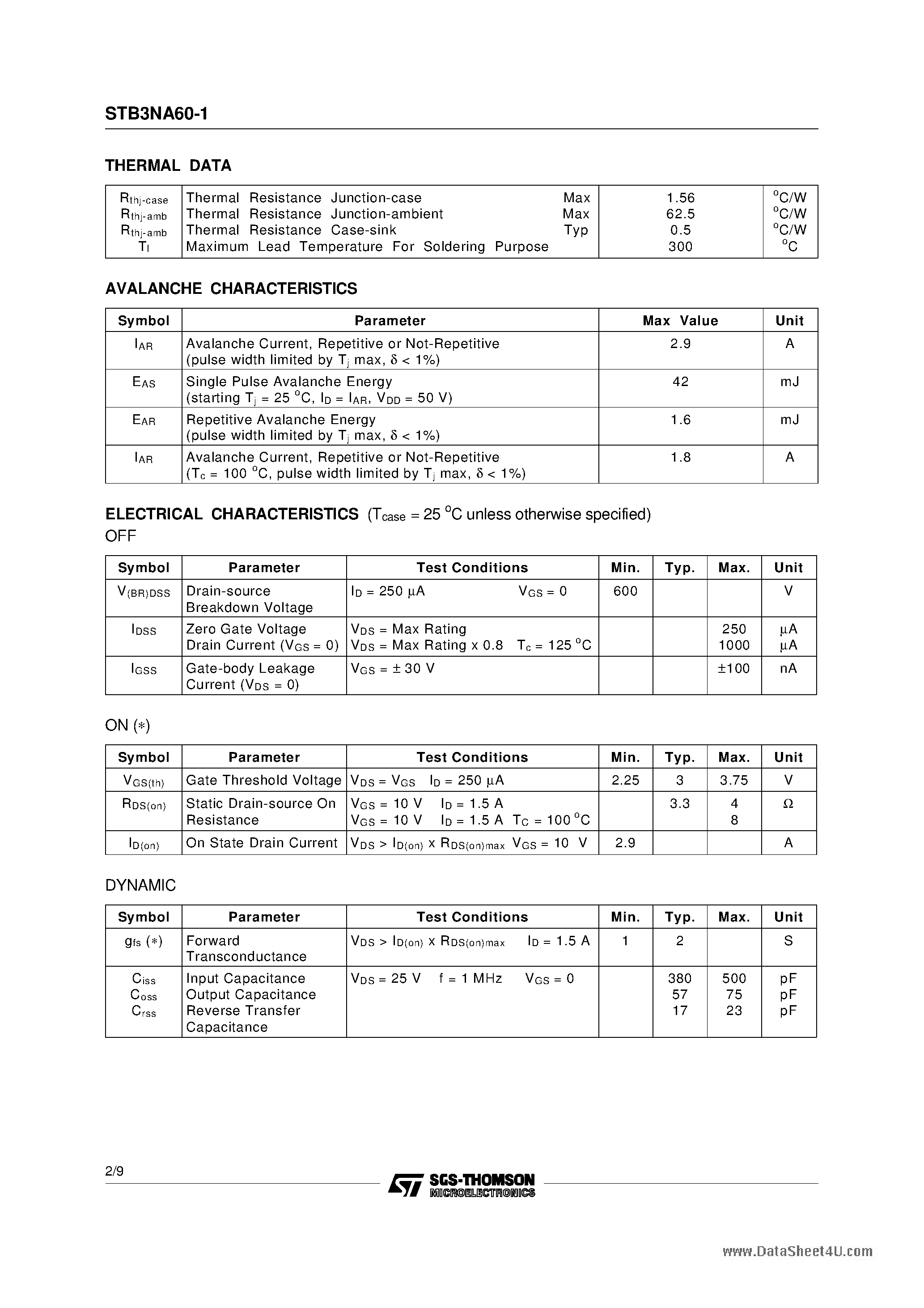 Datasheet STB3NA60-1 - N-CHANNEL Power MOSFET page 2