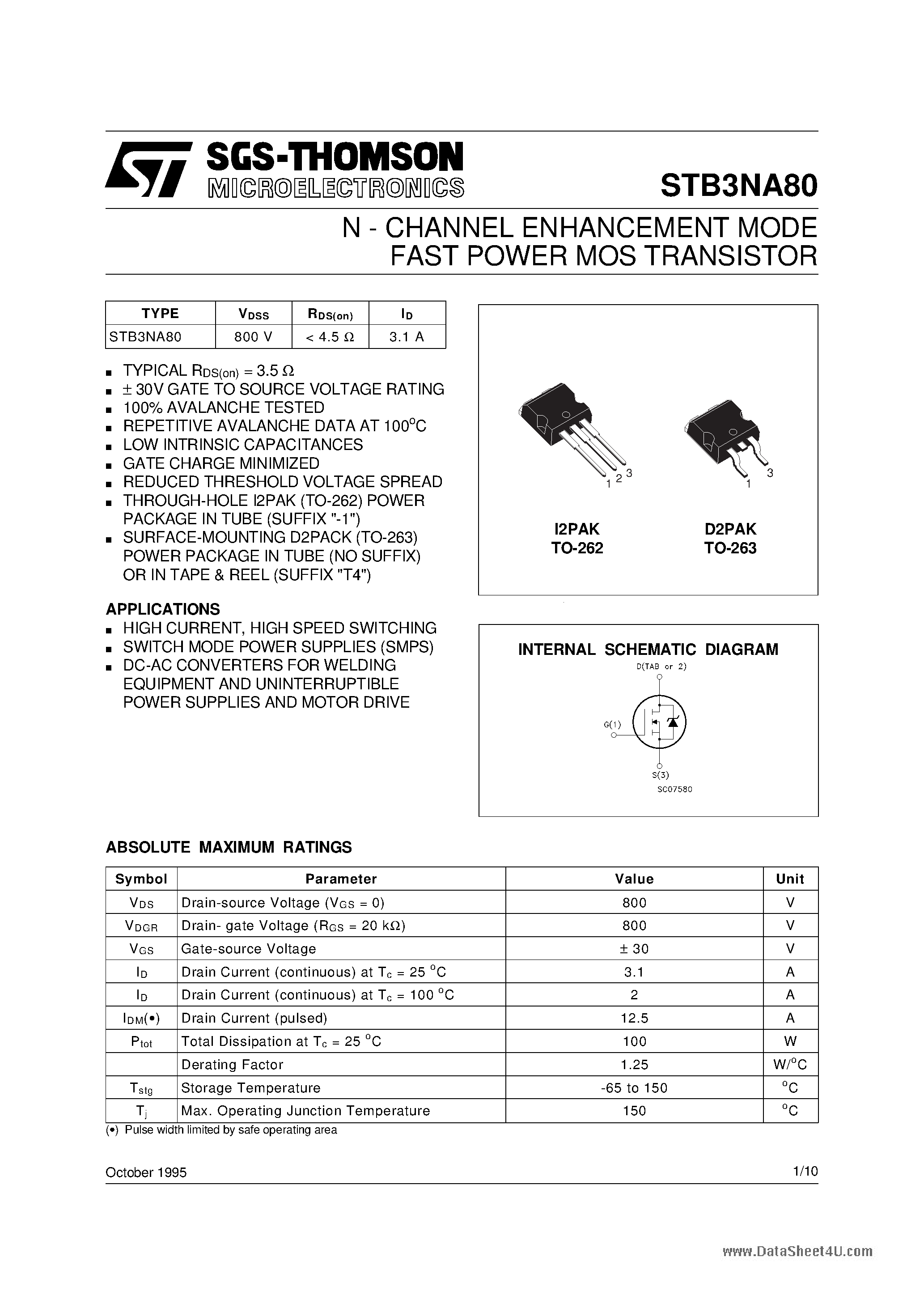 Datasheet STB3NA80 - N-CHANNEL Power MOSFET page 1