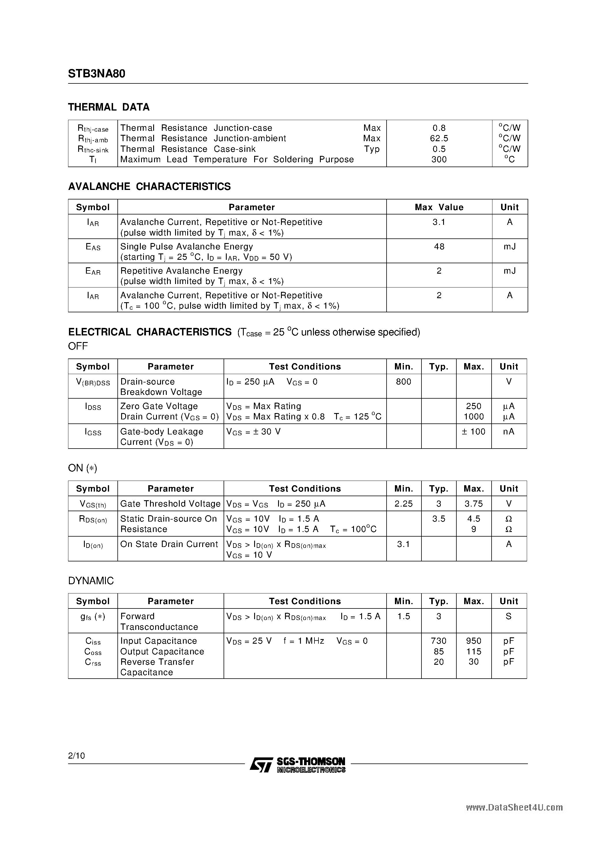 Datasheet STB3NA80 - N-CHANNEL Power MOSFET page 2