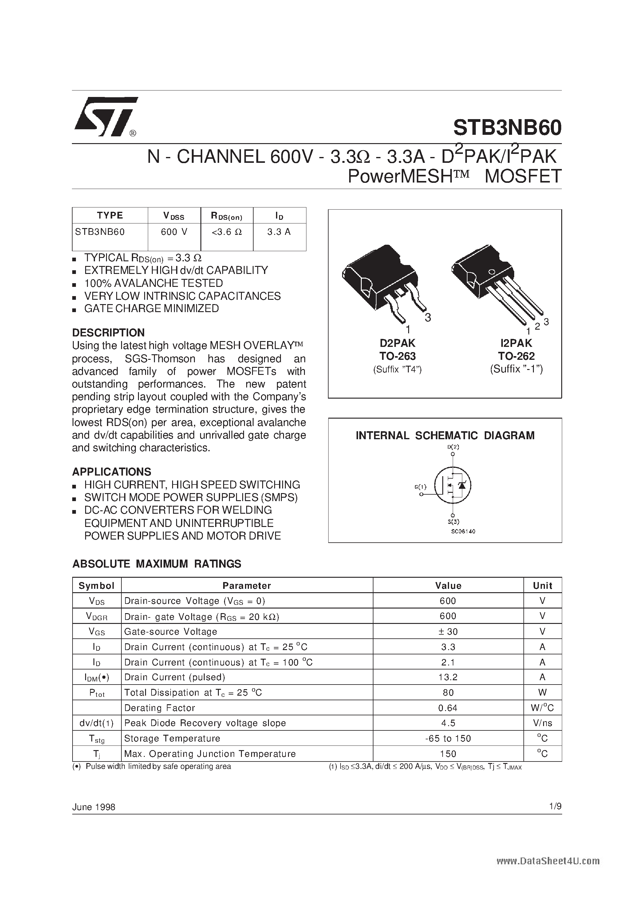 Datasheet STB3NB60 - N-CHANNEL Power MOSFET page 1