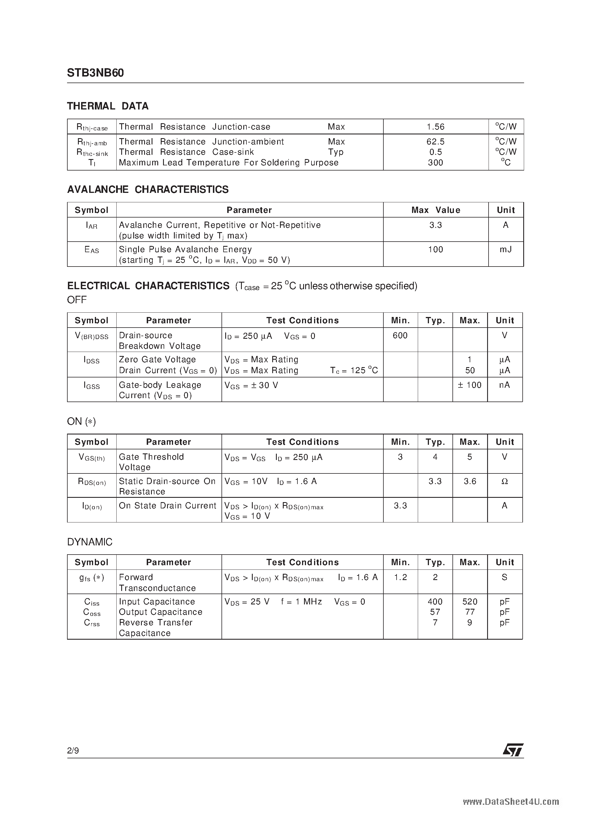 Datasheet STB3NB60 - N-CHANNEL Power MOSFET page 2