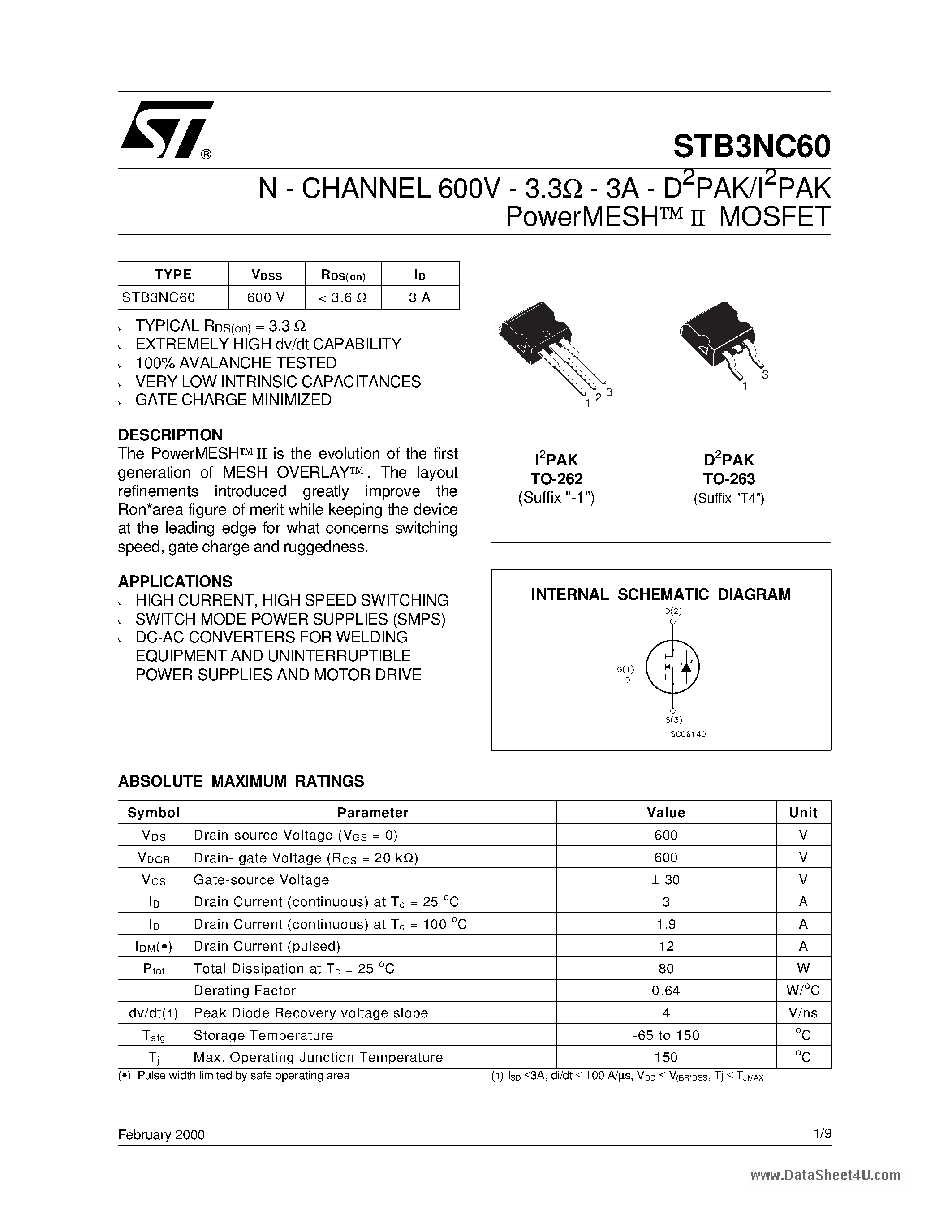 Datasheet STB3NC60 - N-CHANNEL Power MOSFET page 1