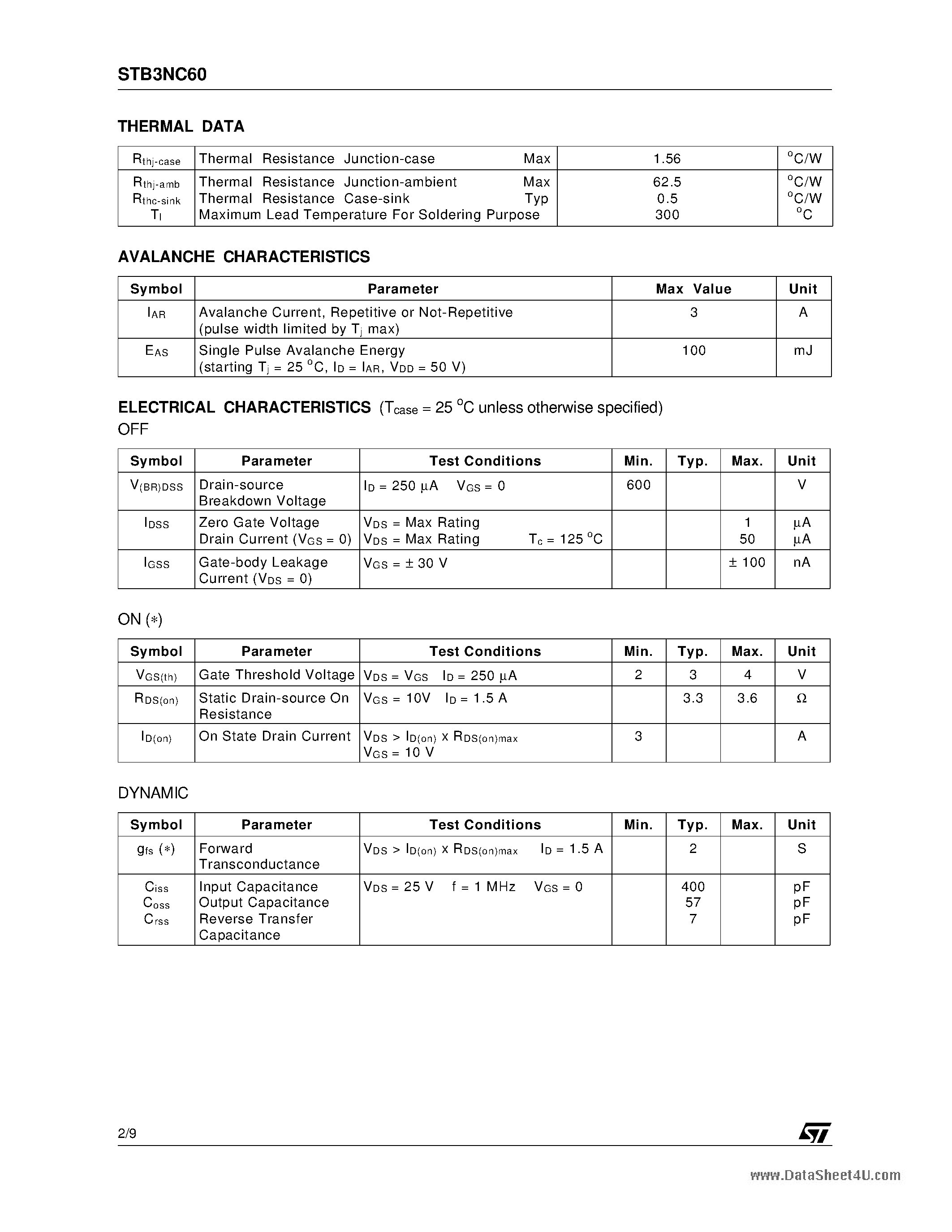 Datasheet STB3NC60 - N-CHANNEL Power MOSFET page 2