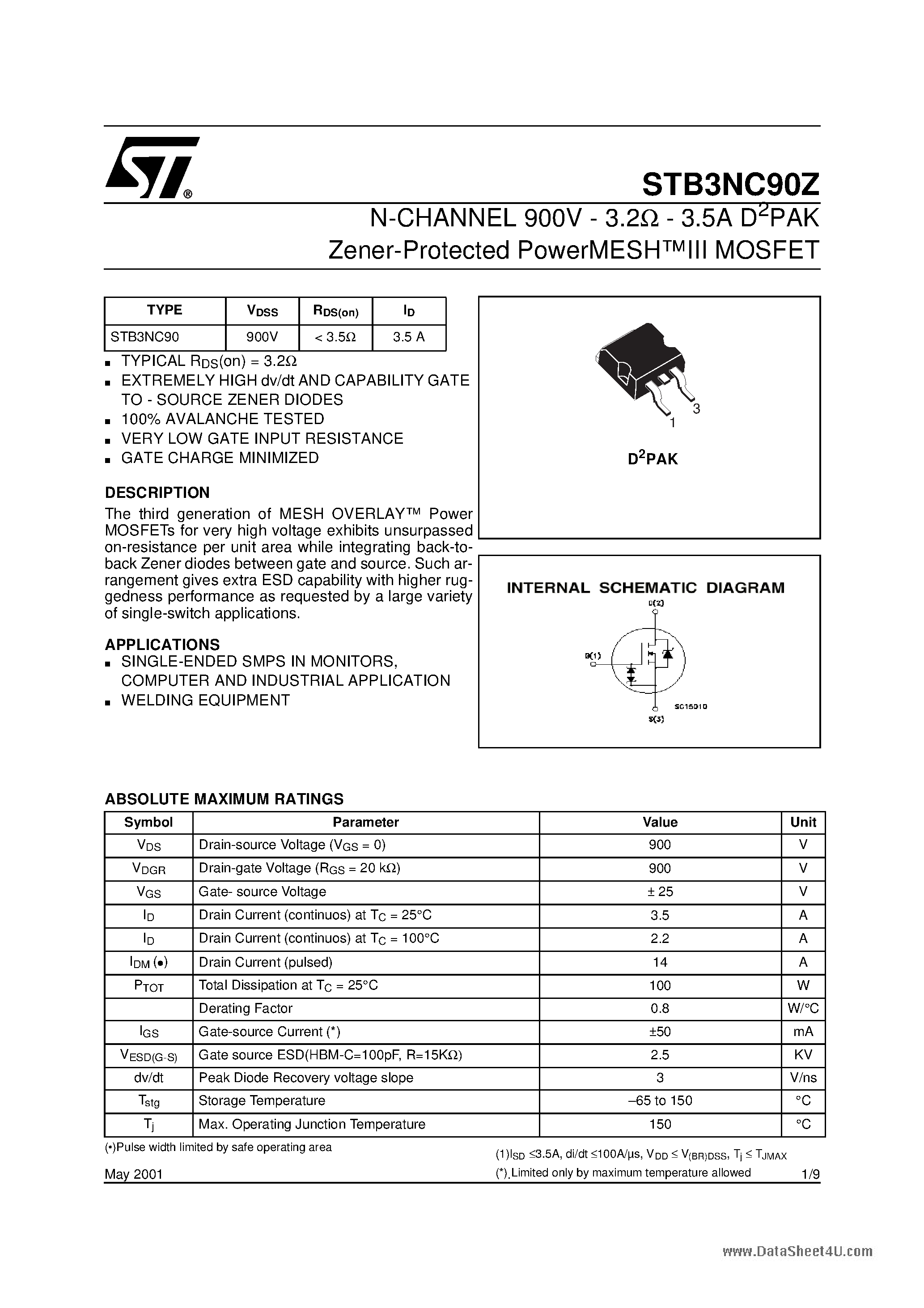Datasheet STB3NC90Z - N-CHANNEL Power MOSFET page 1