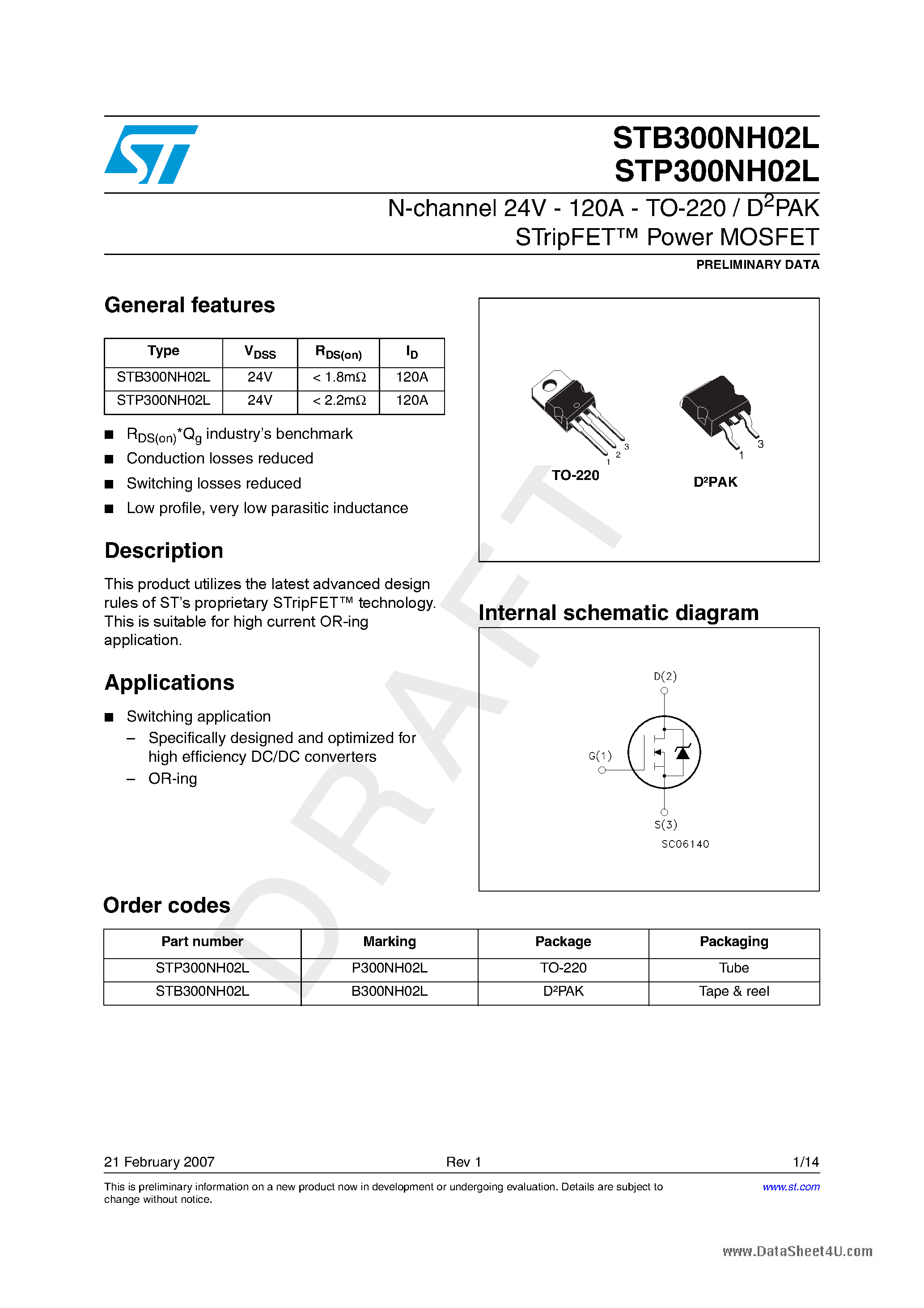 Datasheet STB300NH02L - N-CHANNEL Power MOSFET page 1