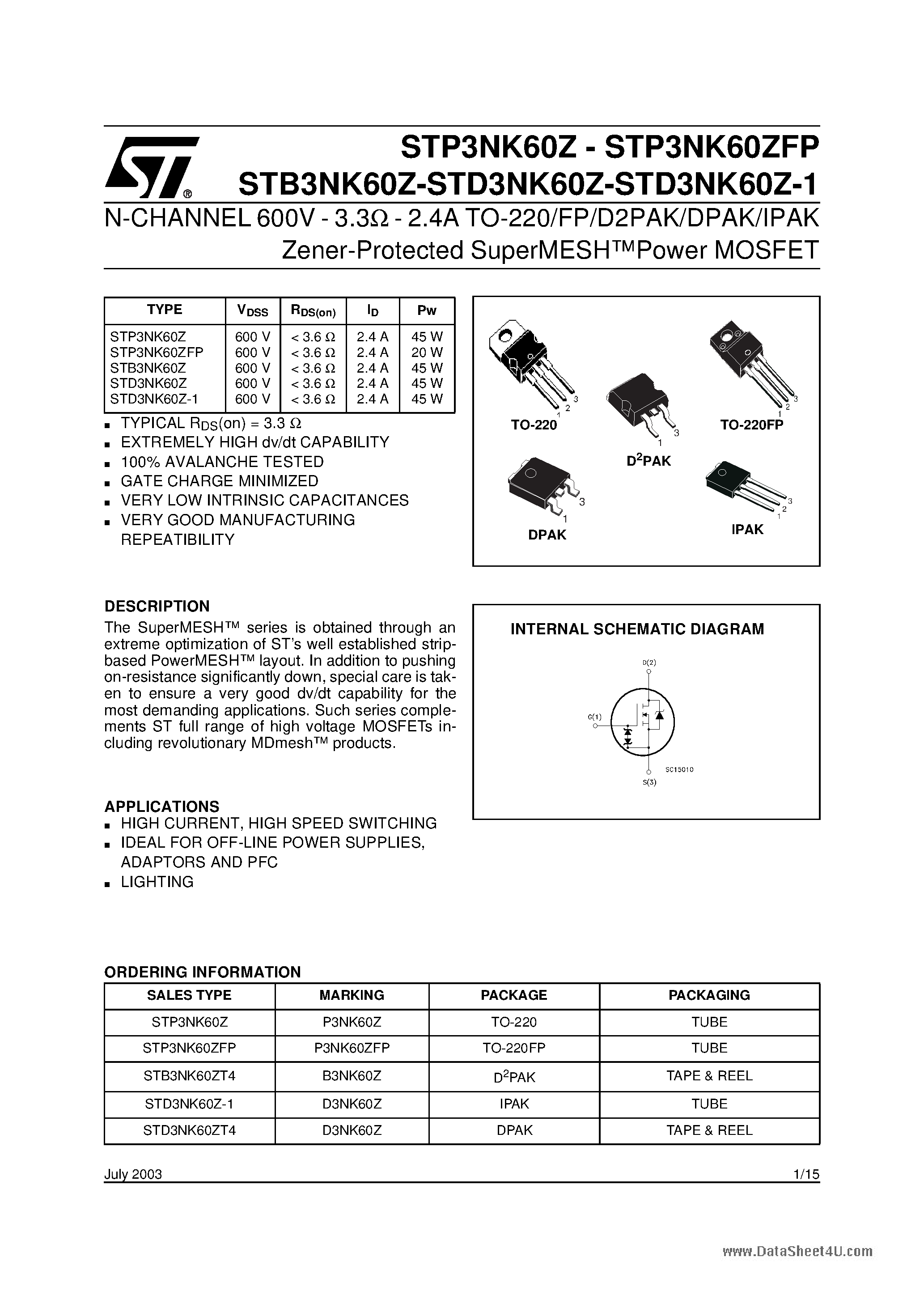 Даташит STD3NK60Z - N-CHANNEL Power MOSFET страница 1