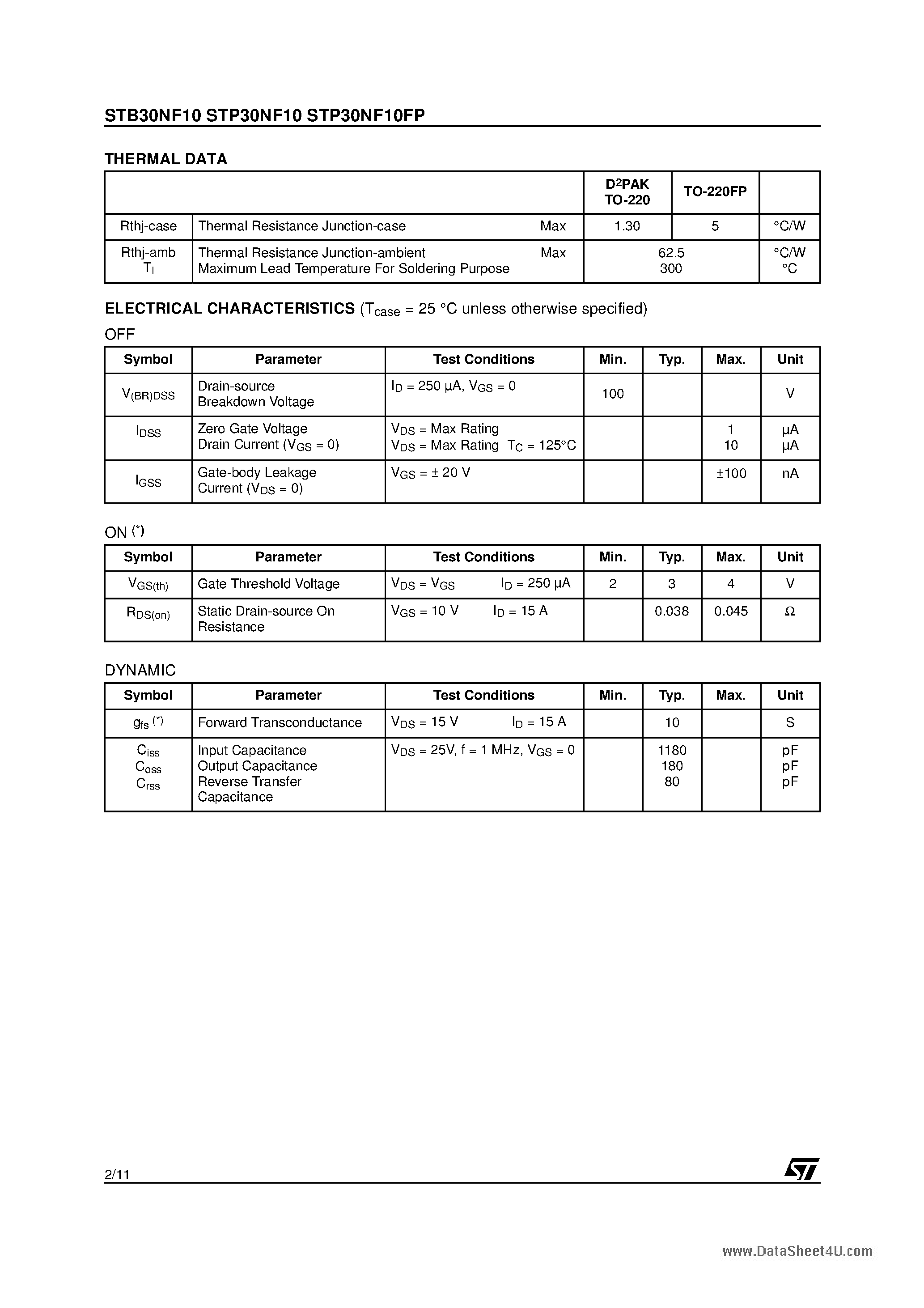 Datasheet STB30NF10 - N-CHANNEL Power MOSFET page 2