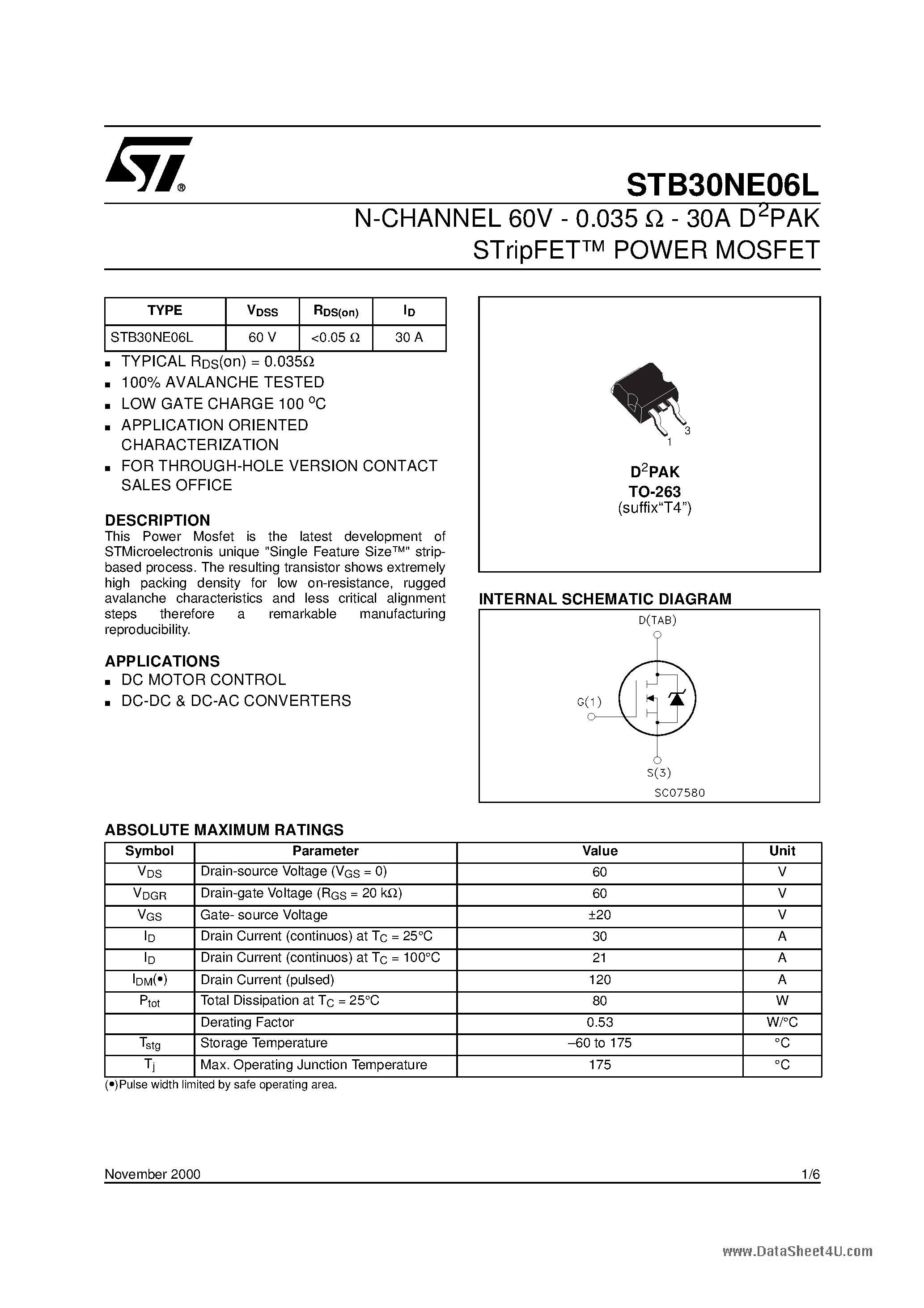 Datasheet STB30NE06L - N-CHANNEL Power MOSFET page 1
