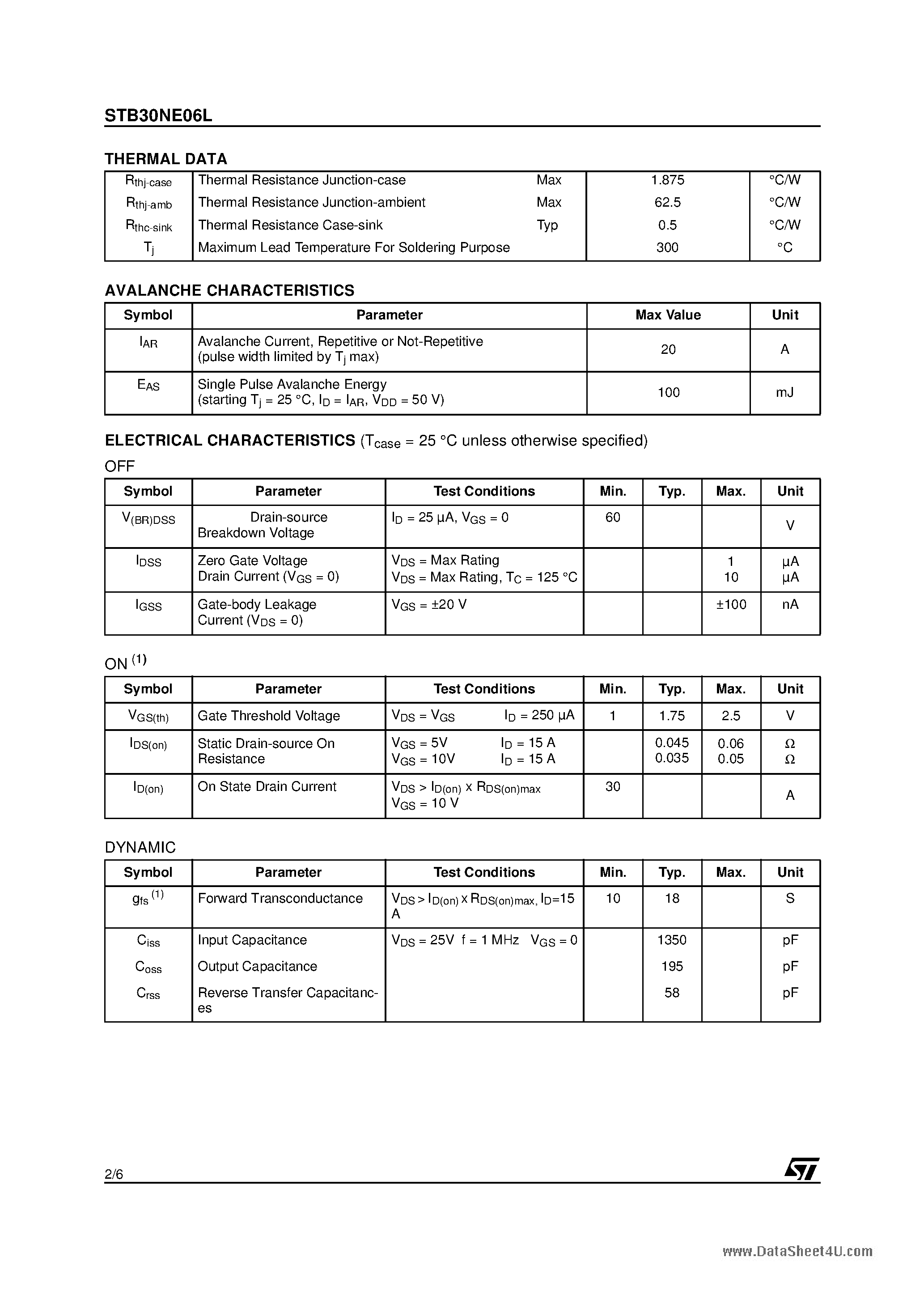 Datasheet STB30NE06L - N-CHANNEL Power MOSFET page 2