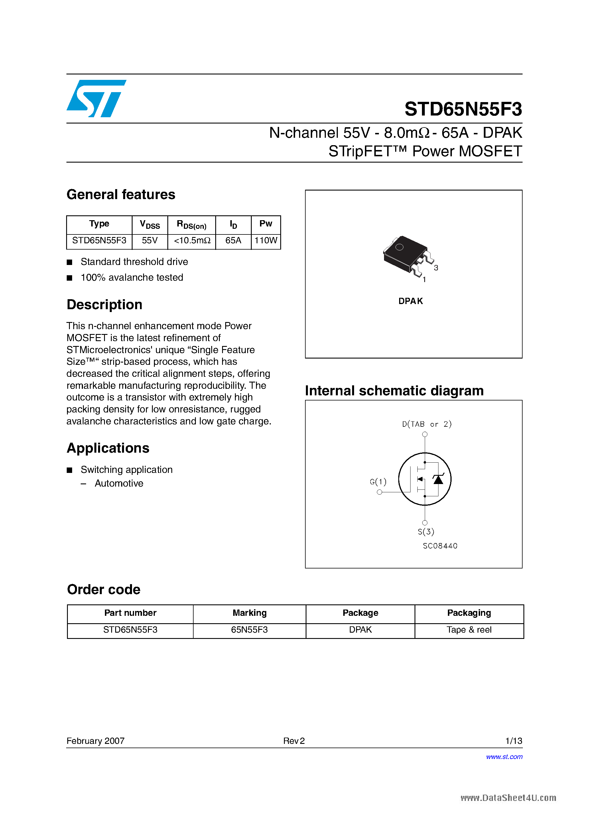 Datasheet STD65N55F3 page 1 Datasheet STD65N55F3 - N-CHANNEL Power MOSFET page 1