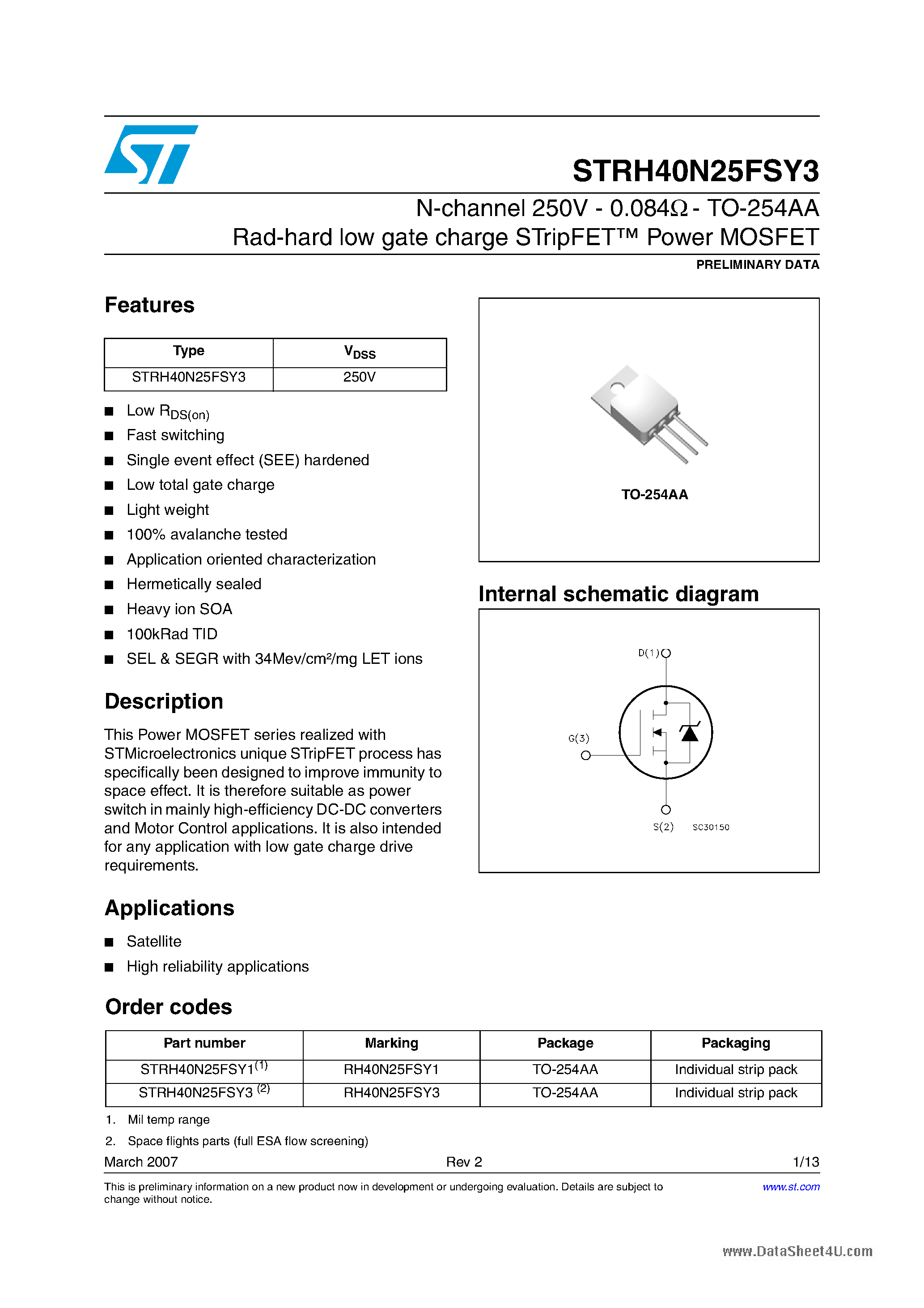 Datasheet STRH40N25FSY3 - N-CHANNEL Power MOSFET page 1