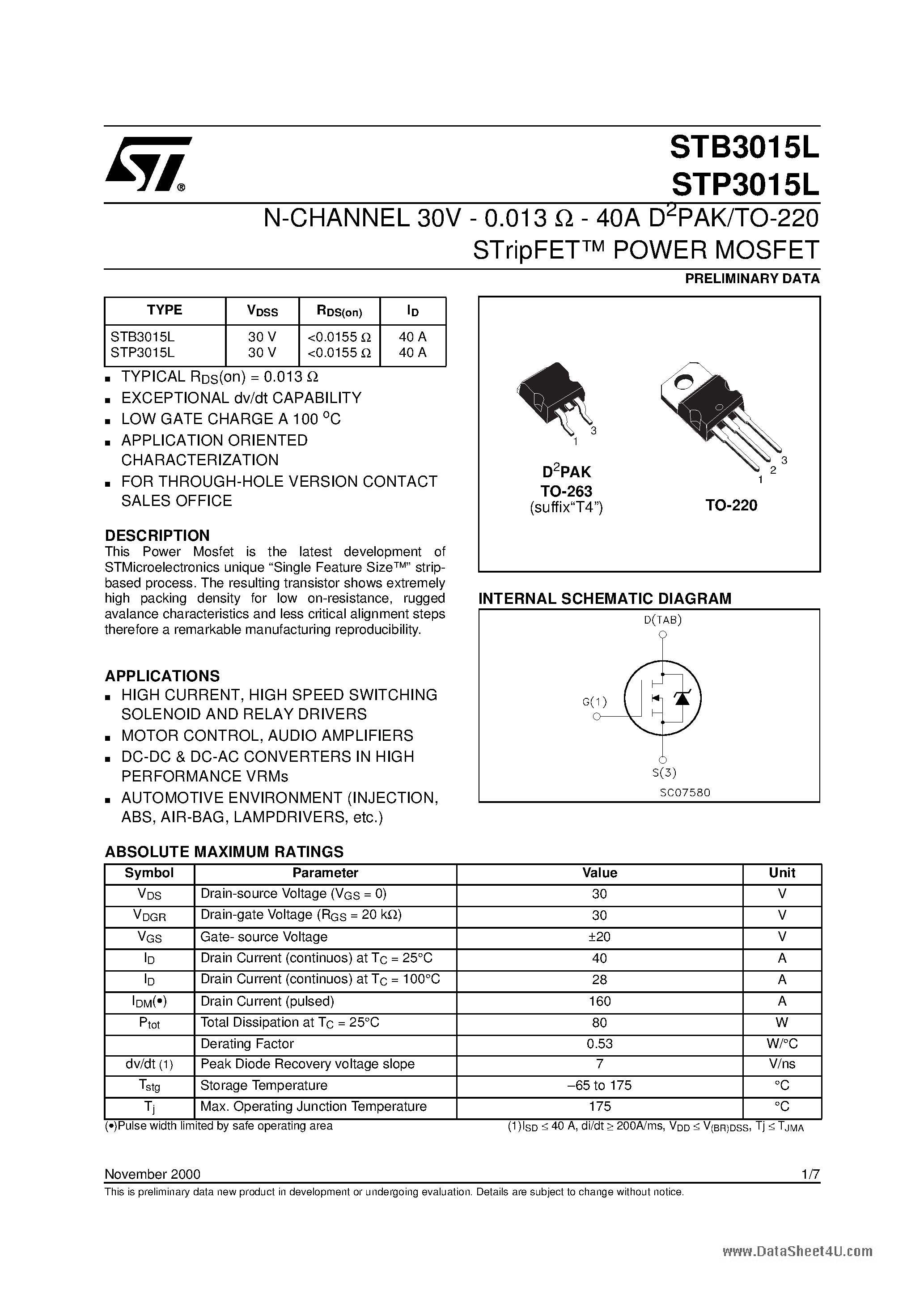 Datasheet STP3015L page 1 Datasheet STP3015L - N-CHANNEL Power MOSFET page 1