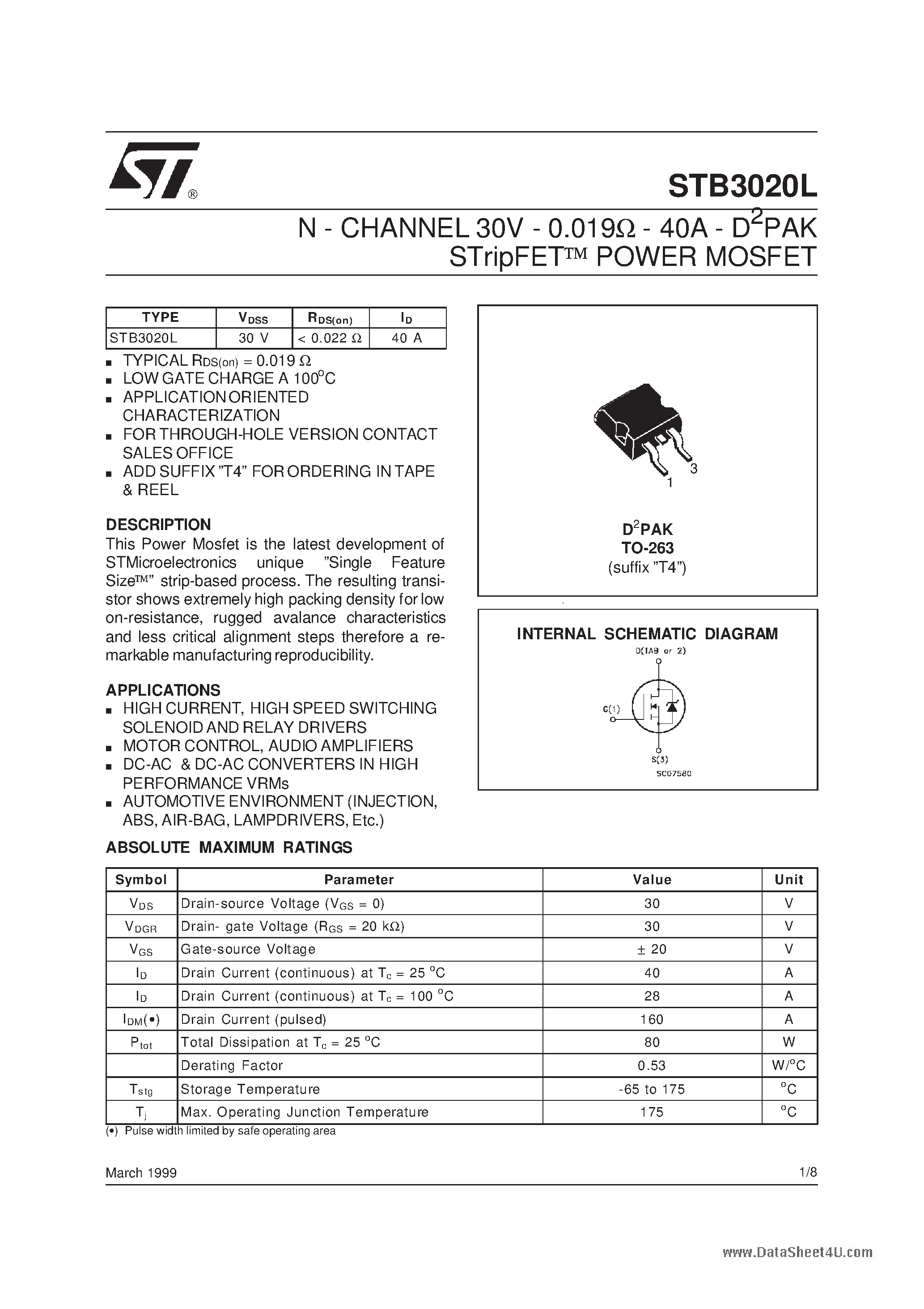Datasheet STB3020L - N-CHANNEL Power MOSFET page 1